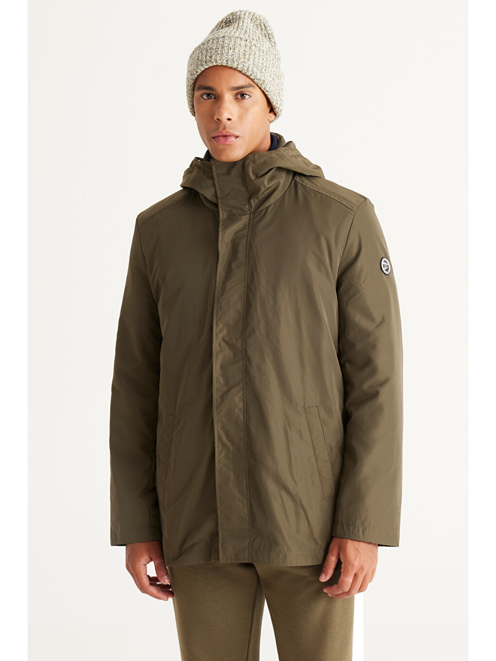 Erkek Haki Standart Fit Normal Kesim Kapüşonlu Dik Yaka Trençkot-2