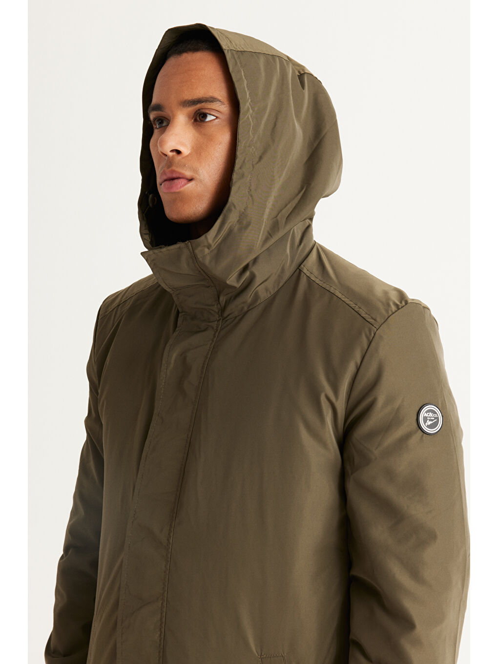 Erkek Haki Standart Fit Normal Kesim Kapüşonlu Dik Yaka Trençkot-6