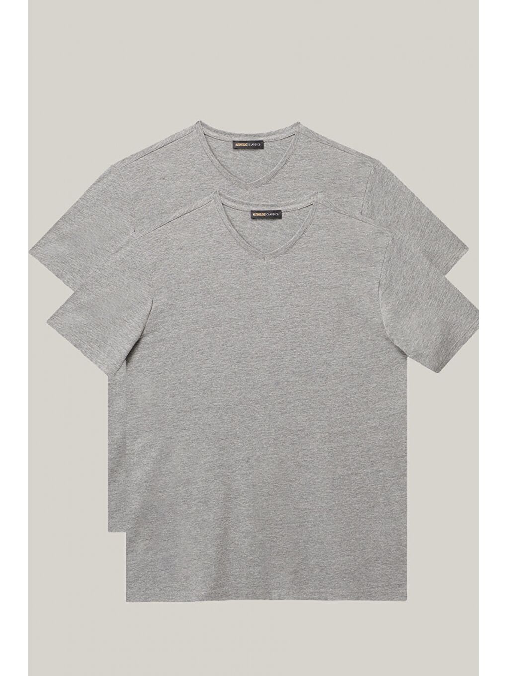 Erkek Gri Melanj Slim Fit Dar Kesim V Yaka 2'li Tişört Paketi