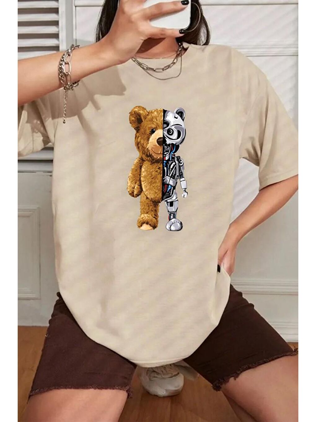 uyguntarz Bej Unisex Boys Bear Baskılı T-shirt