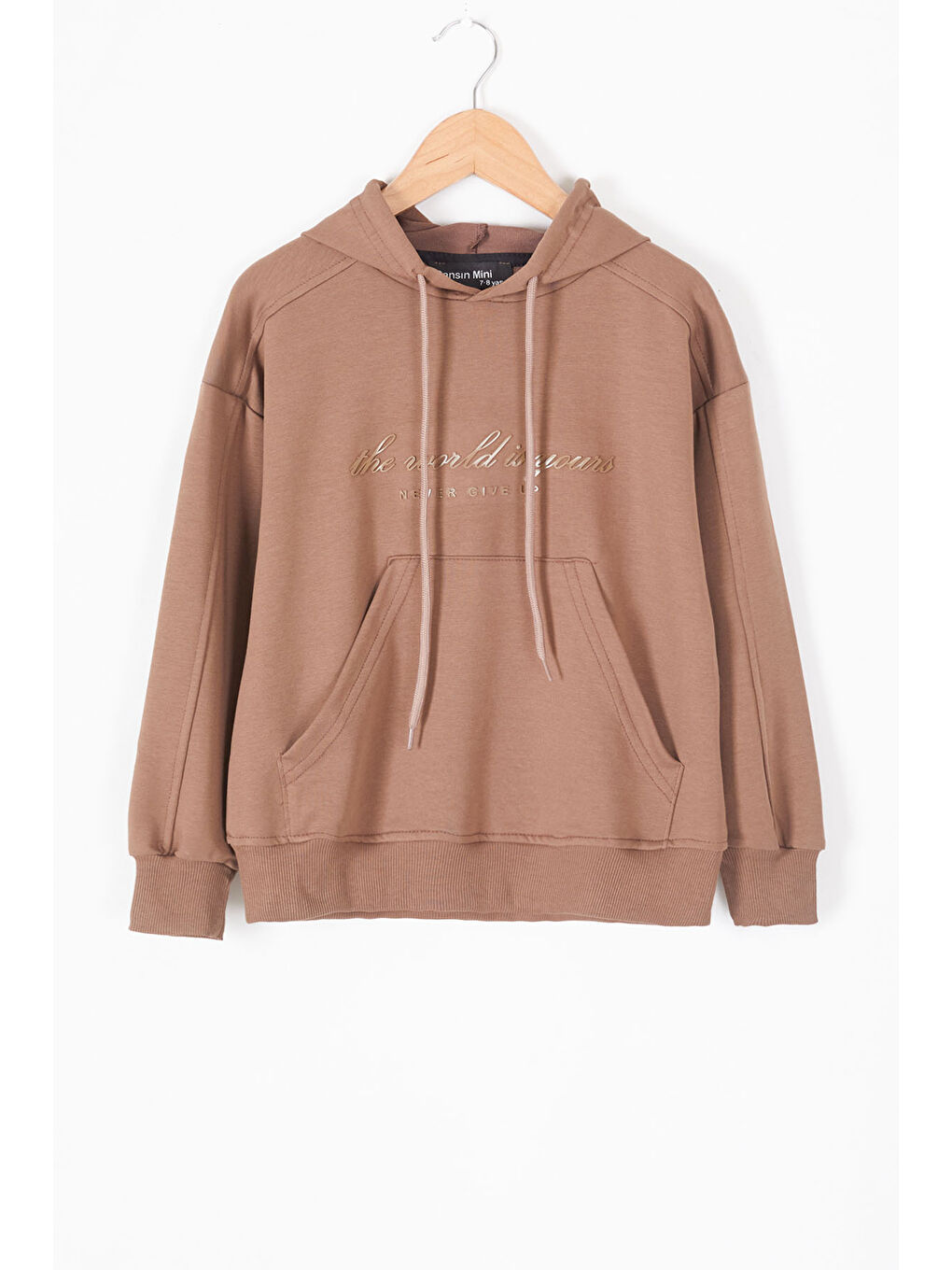 Cansın Mini Kahverengi Kahve Göğüs Yazılı Kanguru Cepli Kapüşonlu Erkek Çocuk Sweatshirt 19341