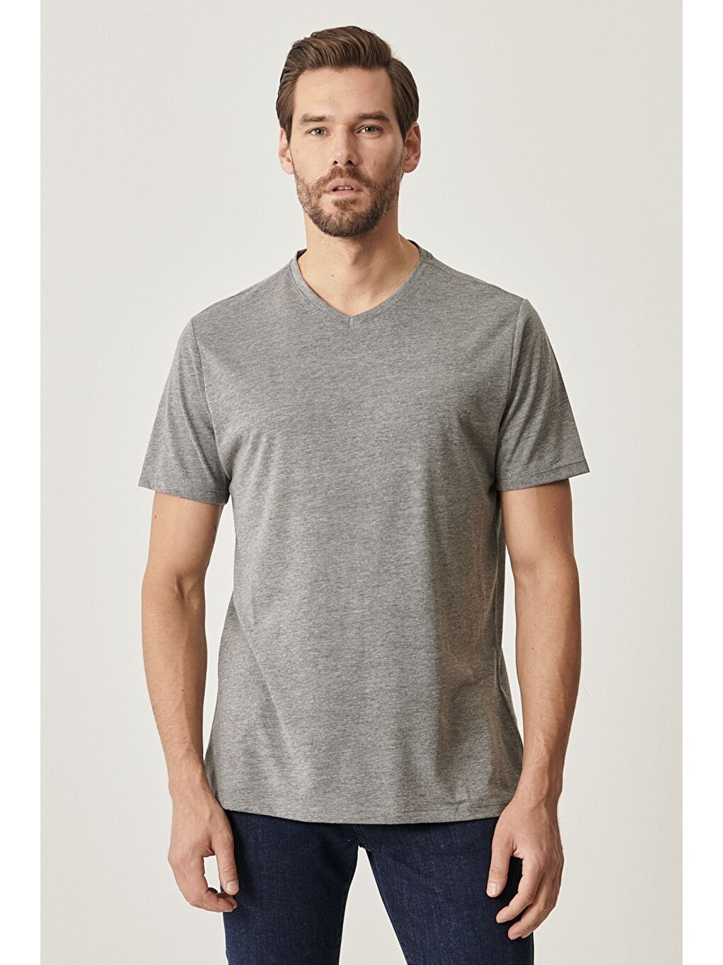 Erkek Gri Melanj Slim Fit Dar Kesim V Yaka 2'li Tişört Paketi-2