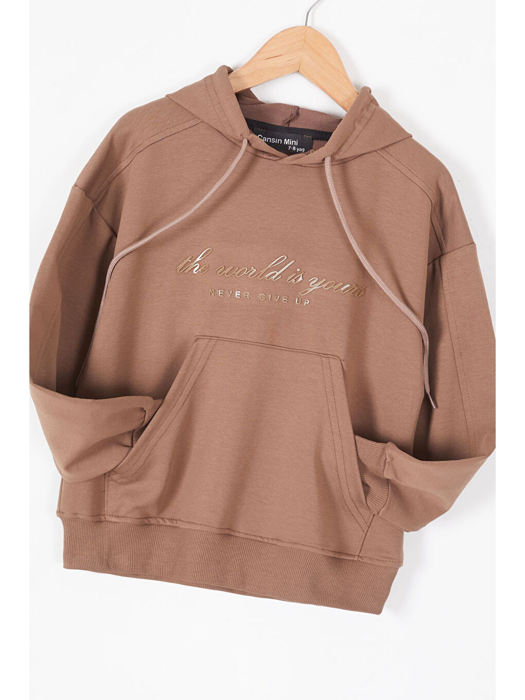 Cansın Mini Kahverengi Kahve Göğüs Yazılı Kanguru Cepli Kapüşonlu Erkek Çocuk Sweatshirt 19341 - 1