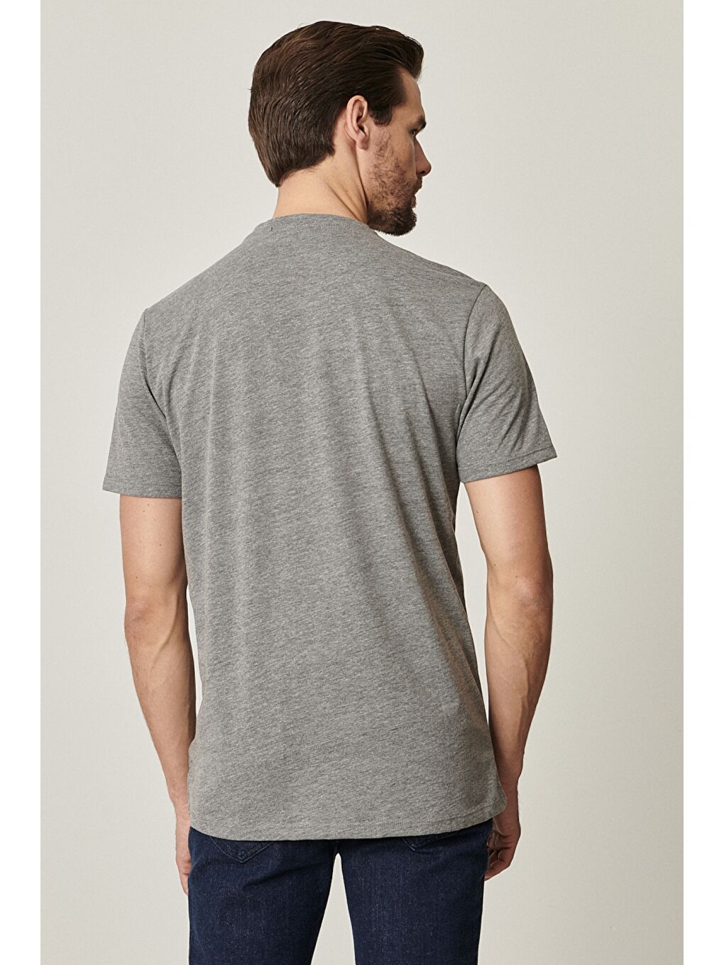 Erkek Gri Melanj Slim Fit Dar Kesim V Yaka 2'li Tişört Paketi-4