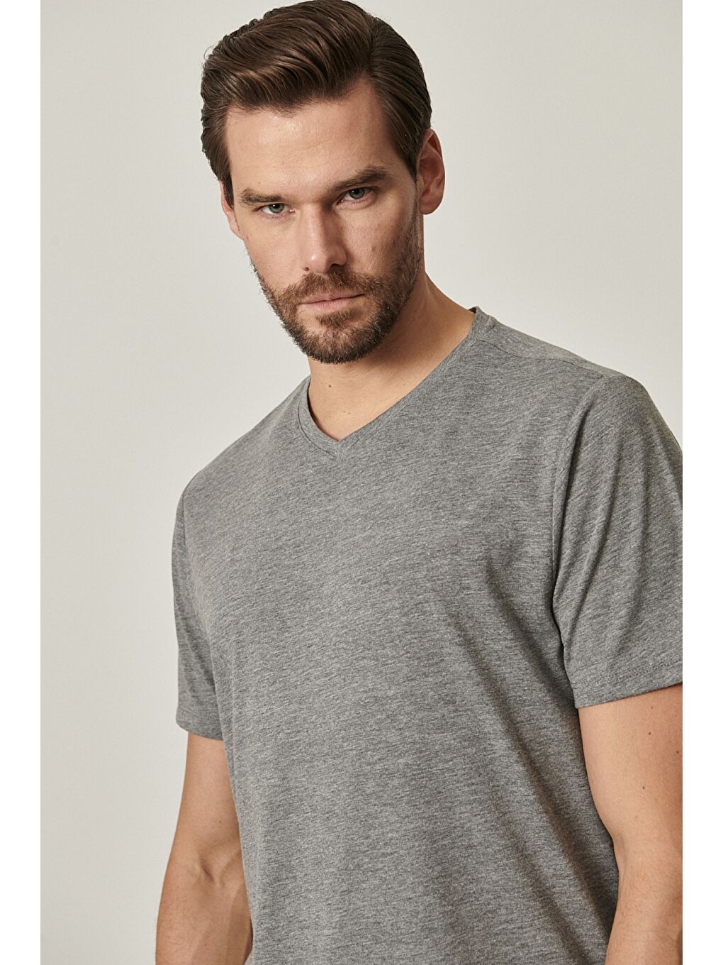 Erkek Gri Melanj Slim Fit Dar Kesim V Yaka 2'li Tişört Paketi-5