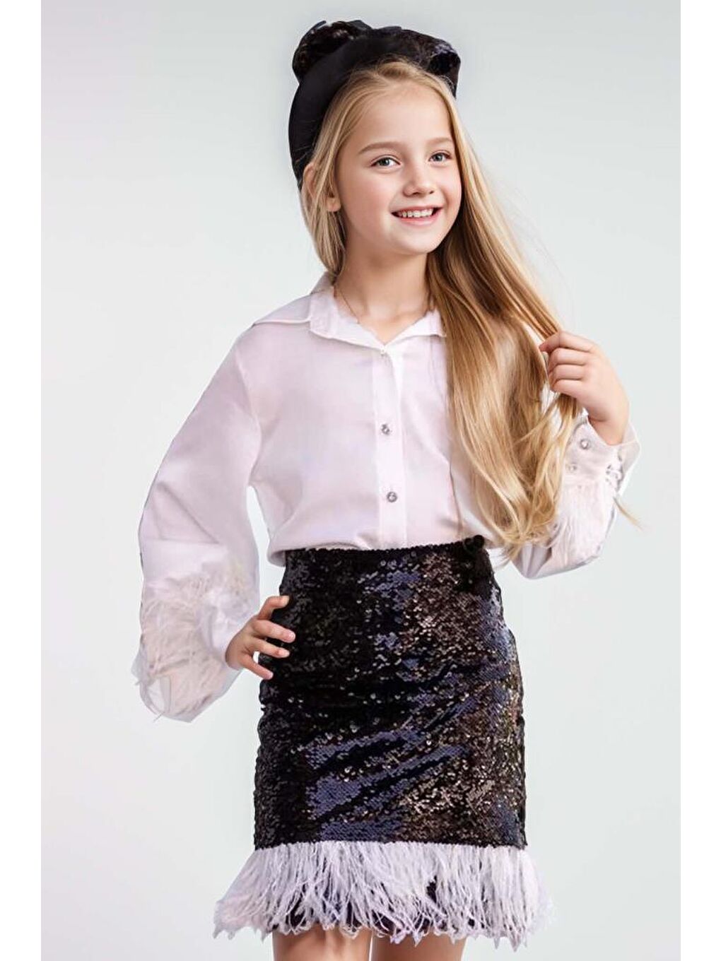 Kız Çocuk Kol Uçları ve Etek Uçu Kırçıllı Pulpaytet Detaylı Siyah Etekli Takım