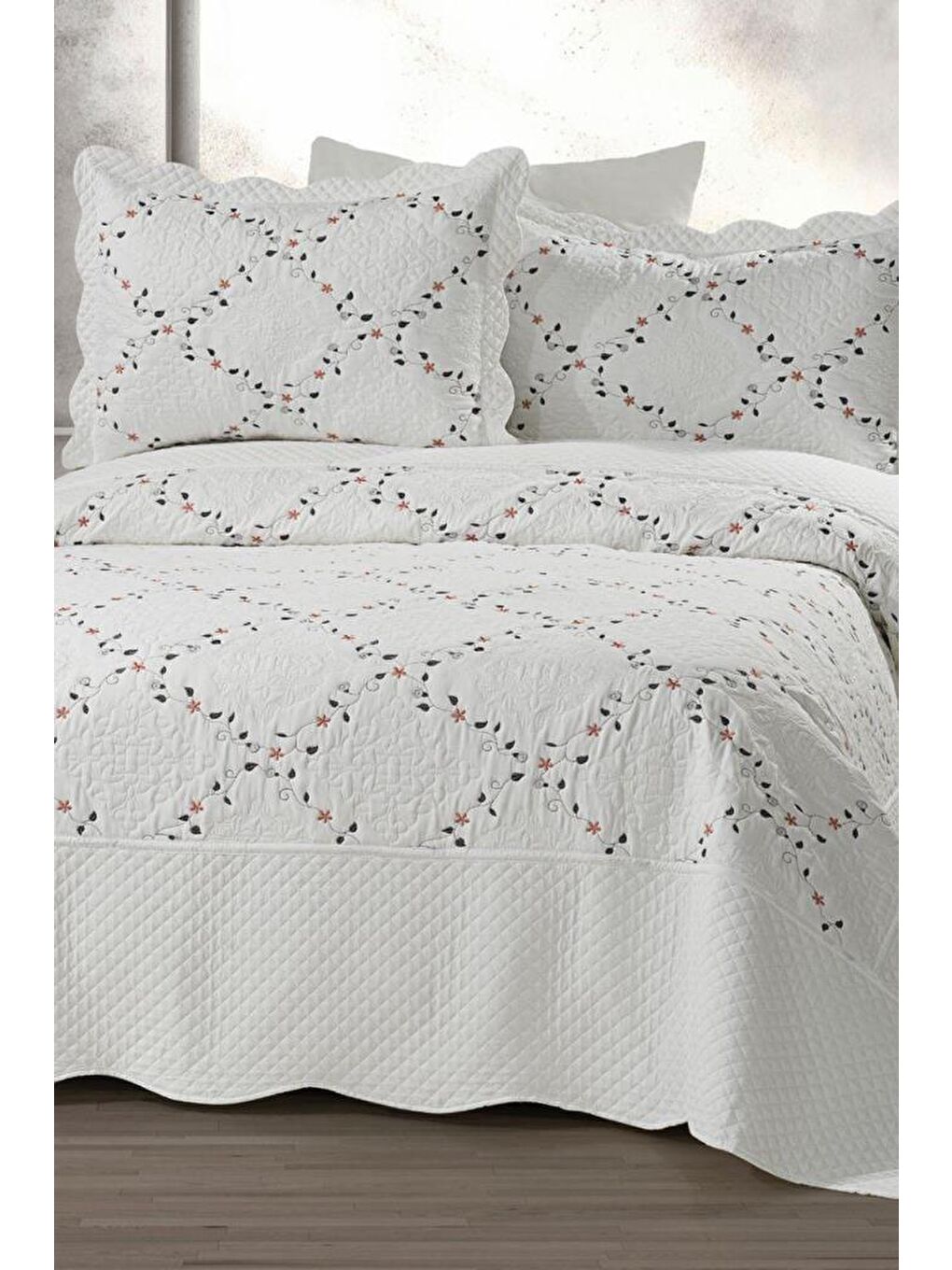Ekru Mirela Nakışlı %100 Pamuk Çift Kişilik Yatak Örtüsü V3