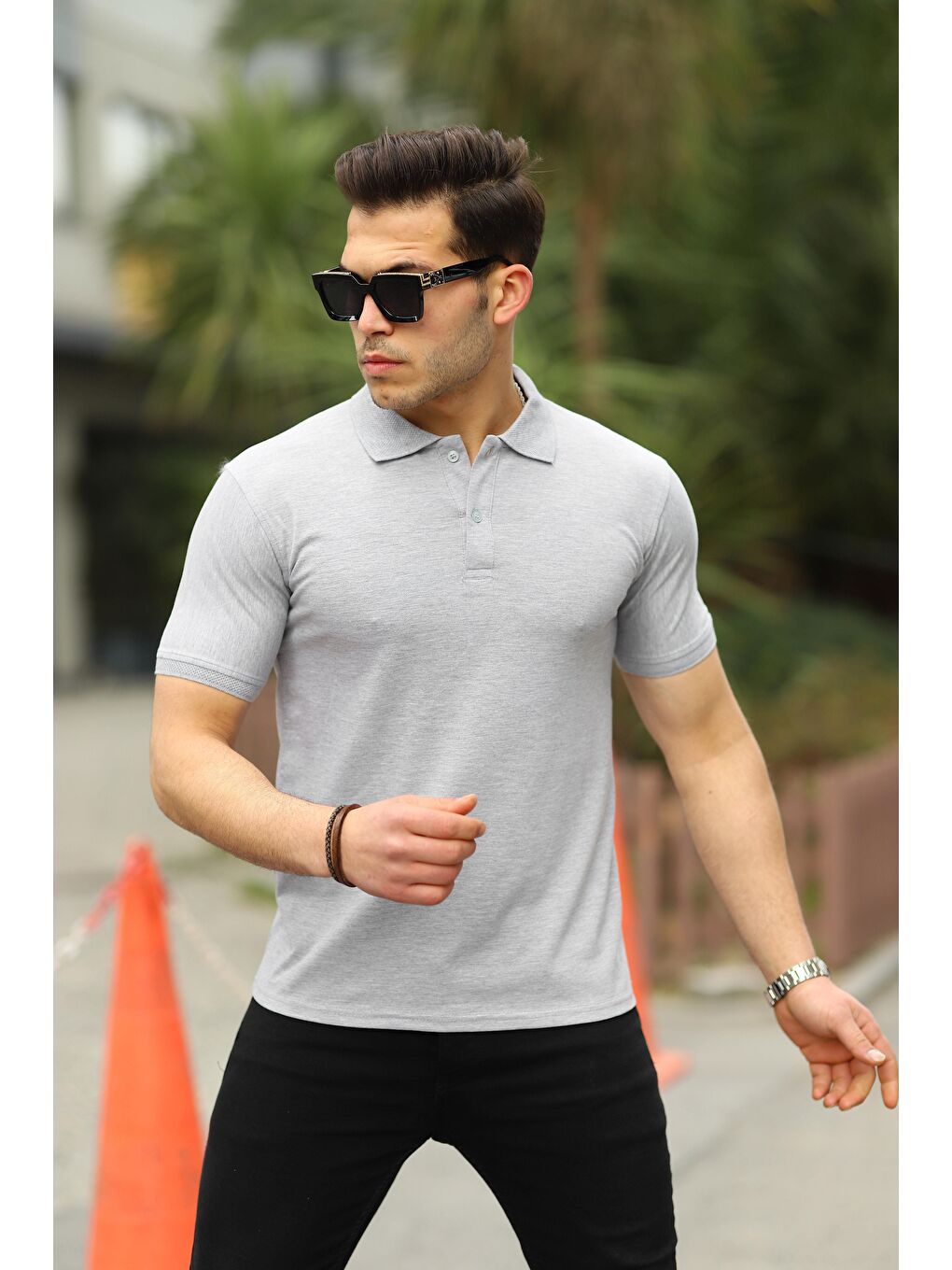 comstar Gri Erkek Kıvrılmaz Polo Yaka Cepsiz Slim Fit Dar Kesim Düz T-Shirt - 2