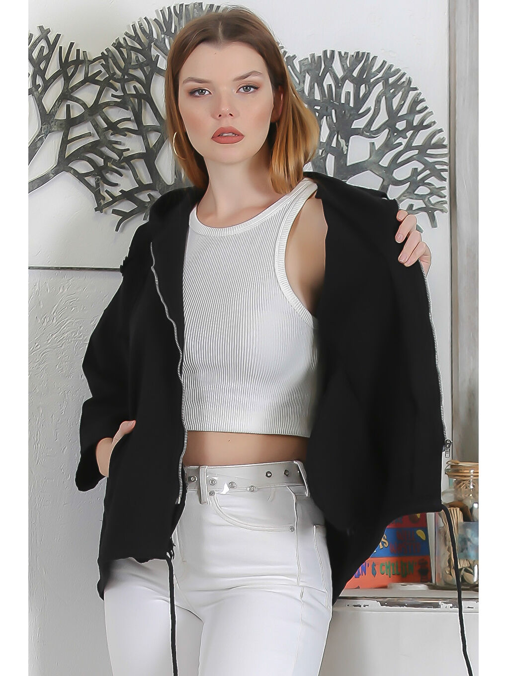 Siyah Fermuarlı Çift Cepli Yıldız Aplikeli Casual Gabardin Dokuma Kapüşonlu Ceket-4