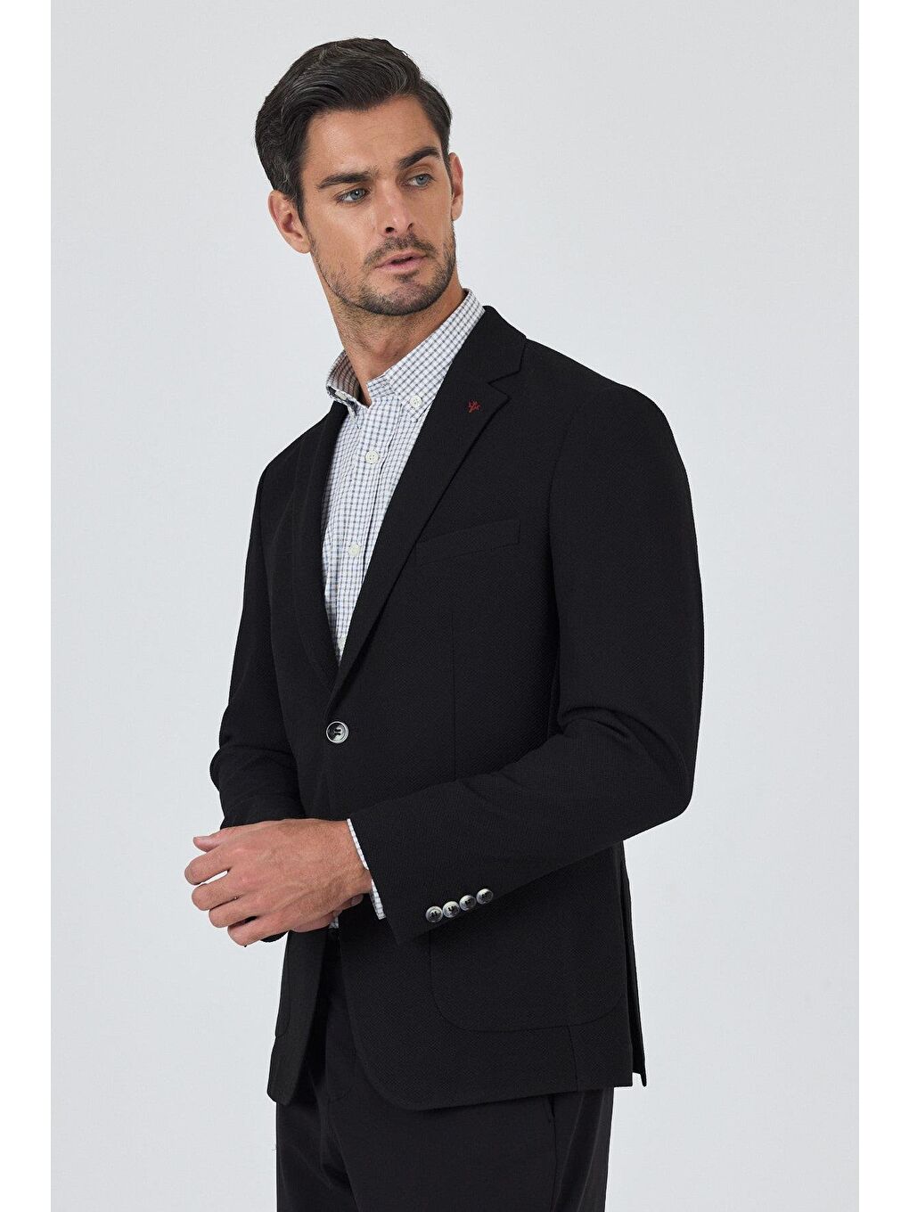 Siyah Mono Yaka Düz 2 Düğme Casual Esnek Slim Fit Ceket 1002250123-2