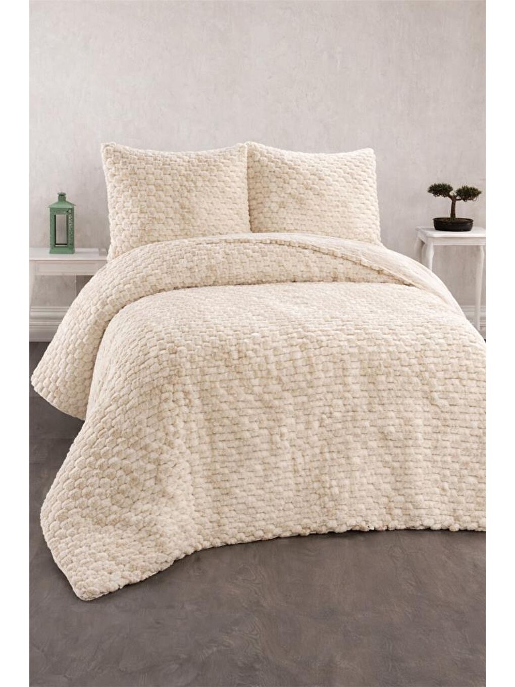 Ekru Milano Tavşan Tüyü Çift Kişilik Yatak Örtüsü 220x240 Krem