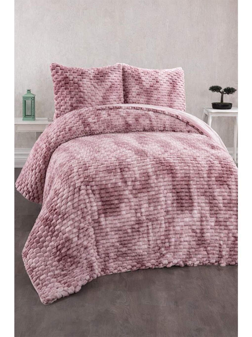 Pembe Milano Tavşan Tüyü Çift Kişilik Yatak Örtüsü 220x240 Pudra