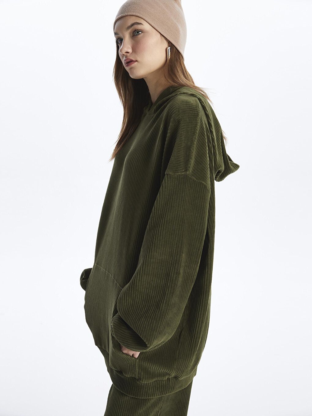 Dexia Haki Kadife Kapüşonlu Oversize Sweatshirt - Los Angeles - 1