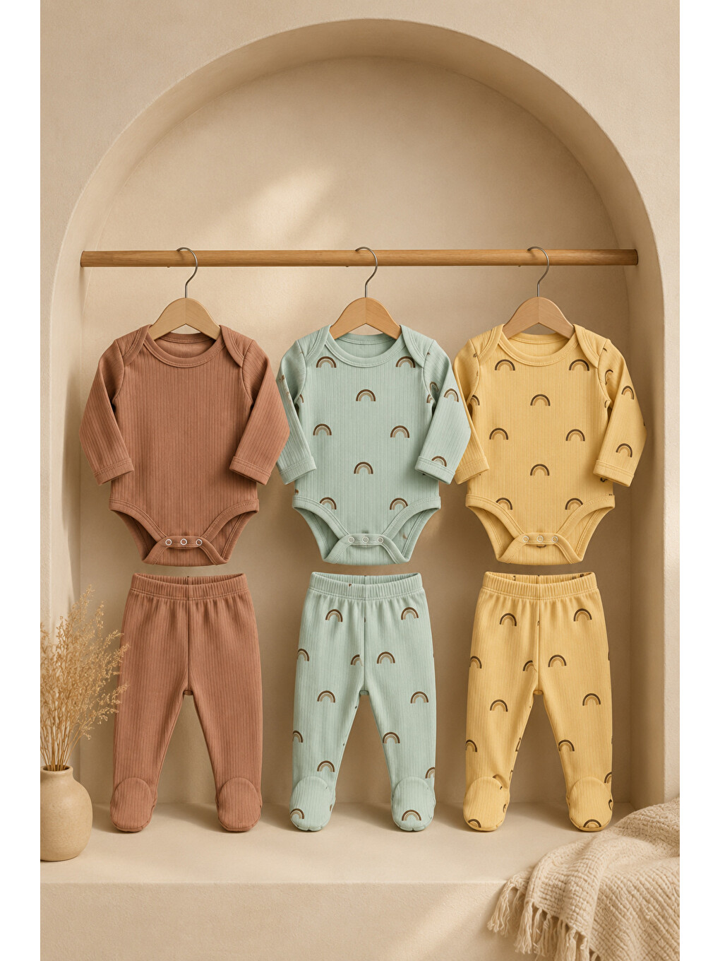 Yeşil Erkek Bebek Desenli 6 Parça 3 Set Fitilli Body Patikli Alt Takım 0-9 Ay