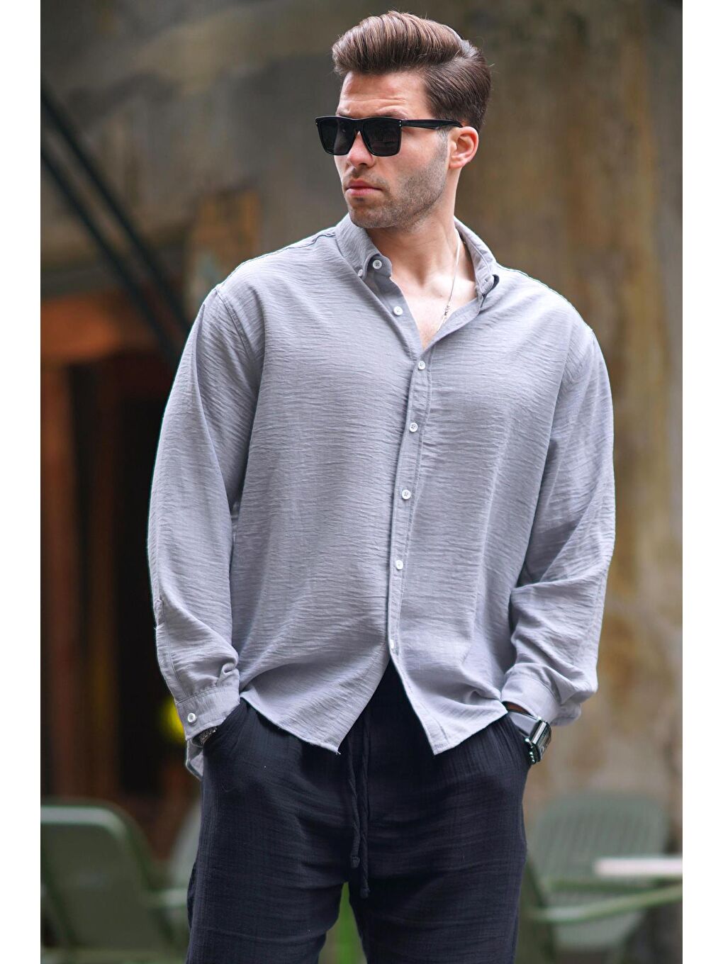 Gri Uzun Kollu Oversize Erkek %100 Pamuk Gömlek 6735