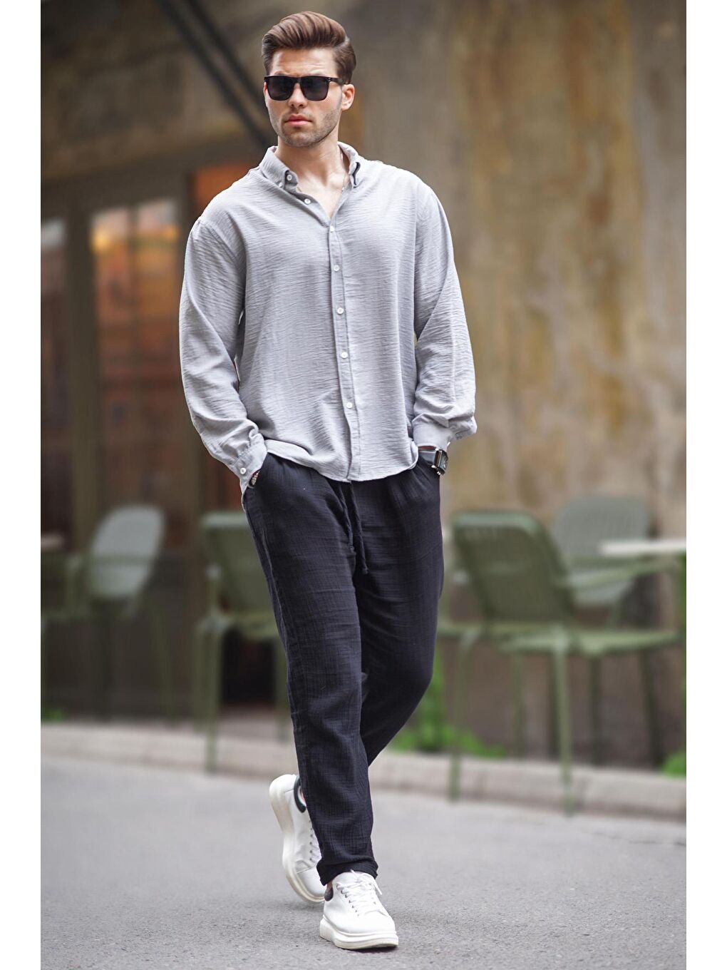 Gri Uzun Kollu Oversize Erkek %100 Pamuk Gömlek 6735-1