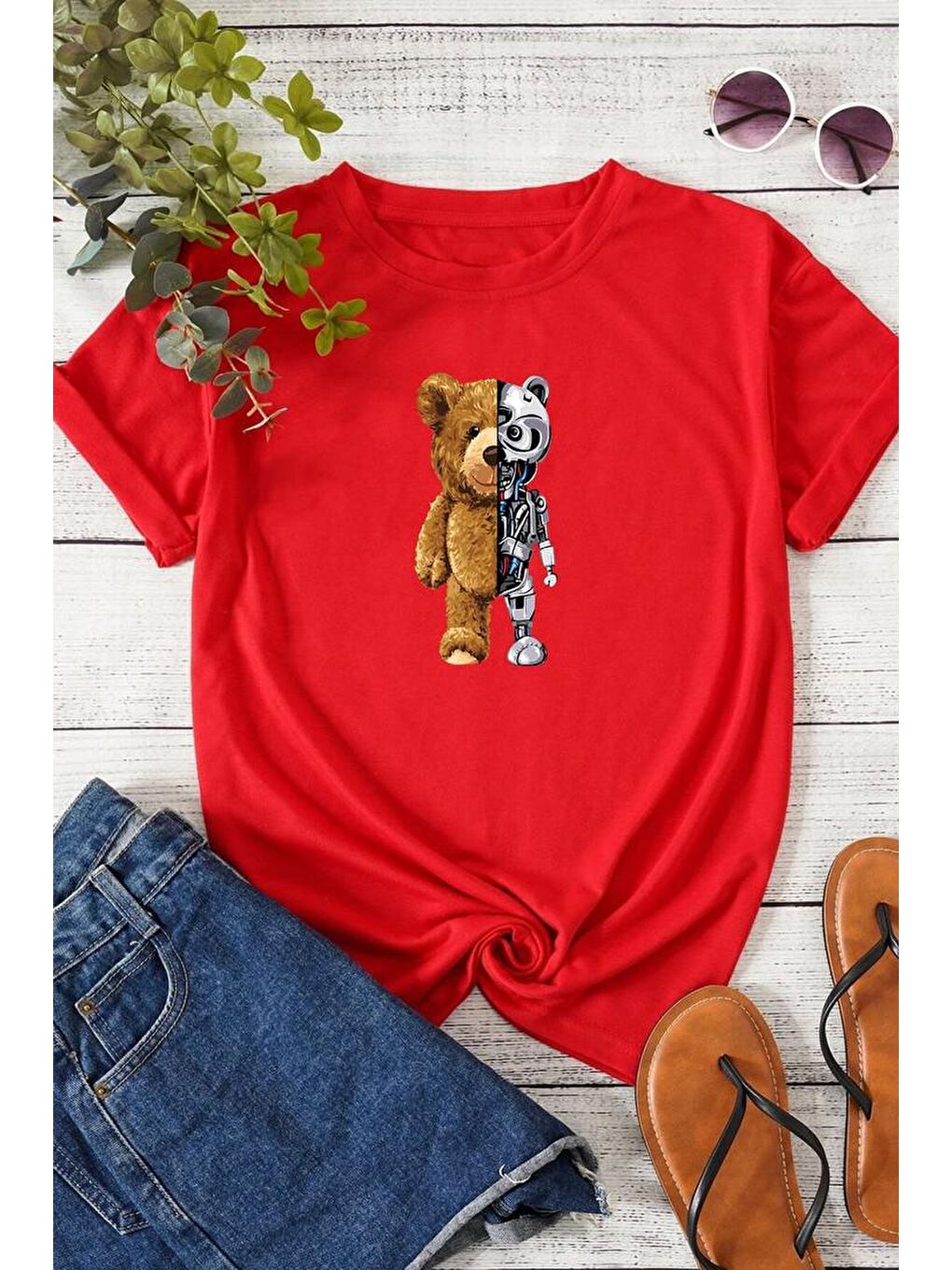 uyguntarz Kırmızı Unisex Boys Bear Baskılı T-shirt