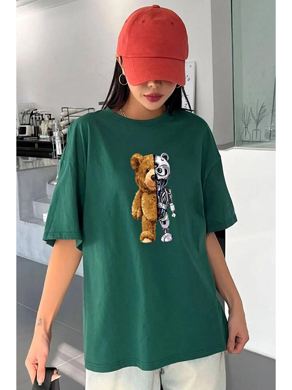 uyguntarz Yeşil Unisex Boys Bear Baskılı T-shirt