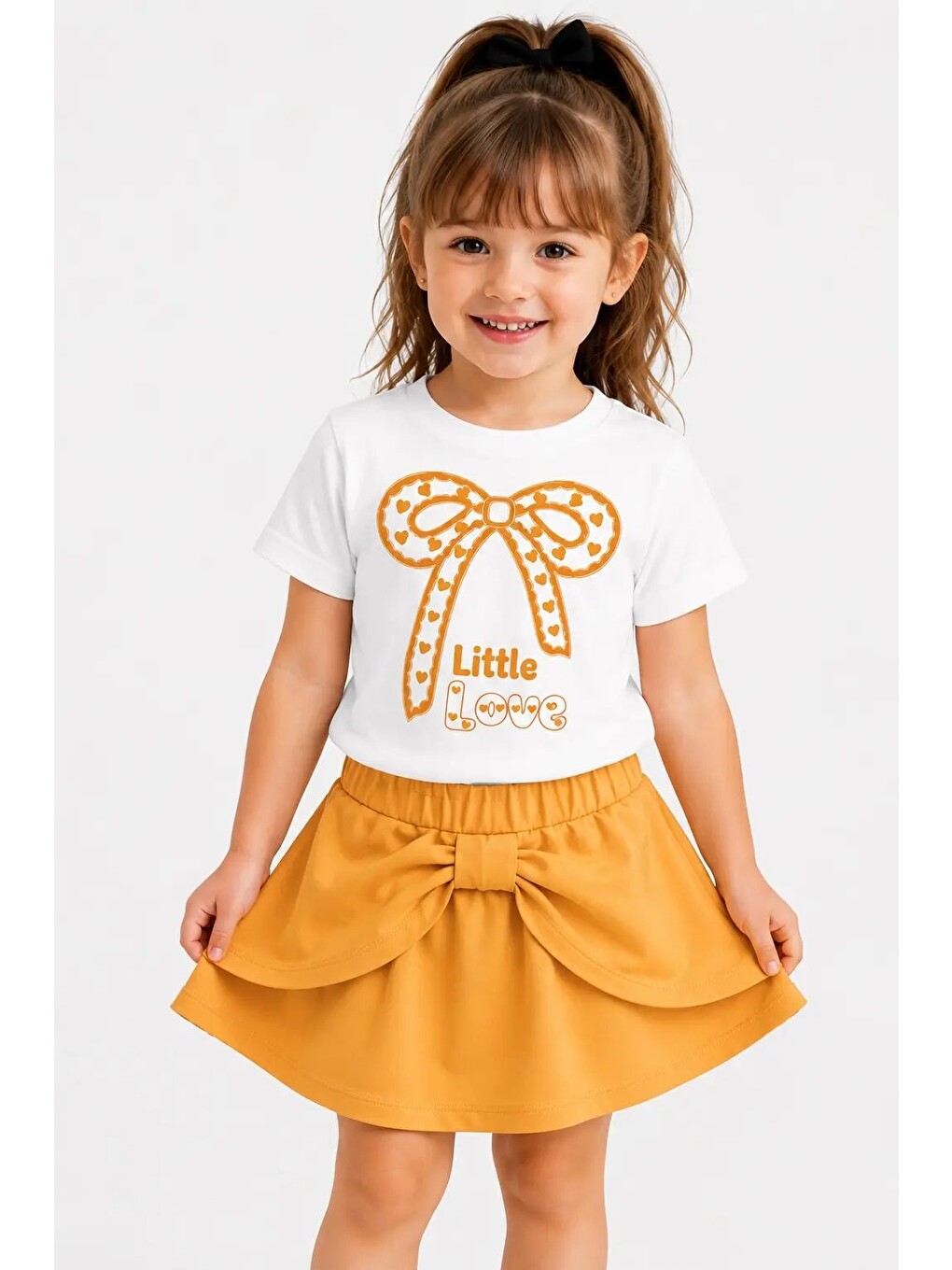 Turuncu Little Love Baskılı Şort Etekli Kız Çocuk Takım 30473-1