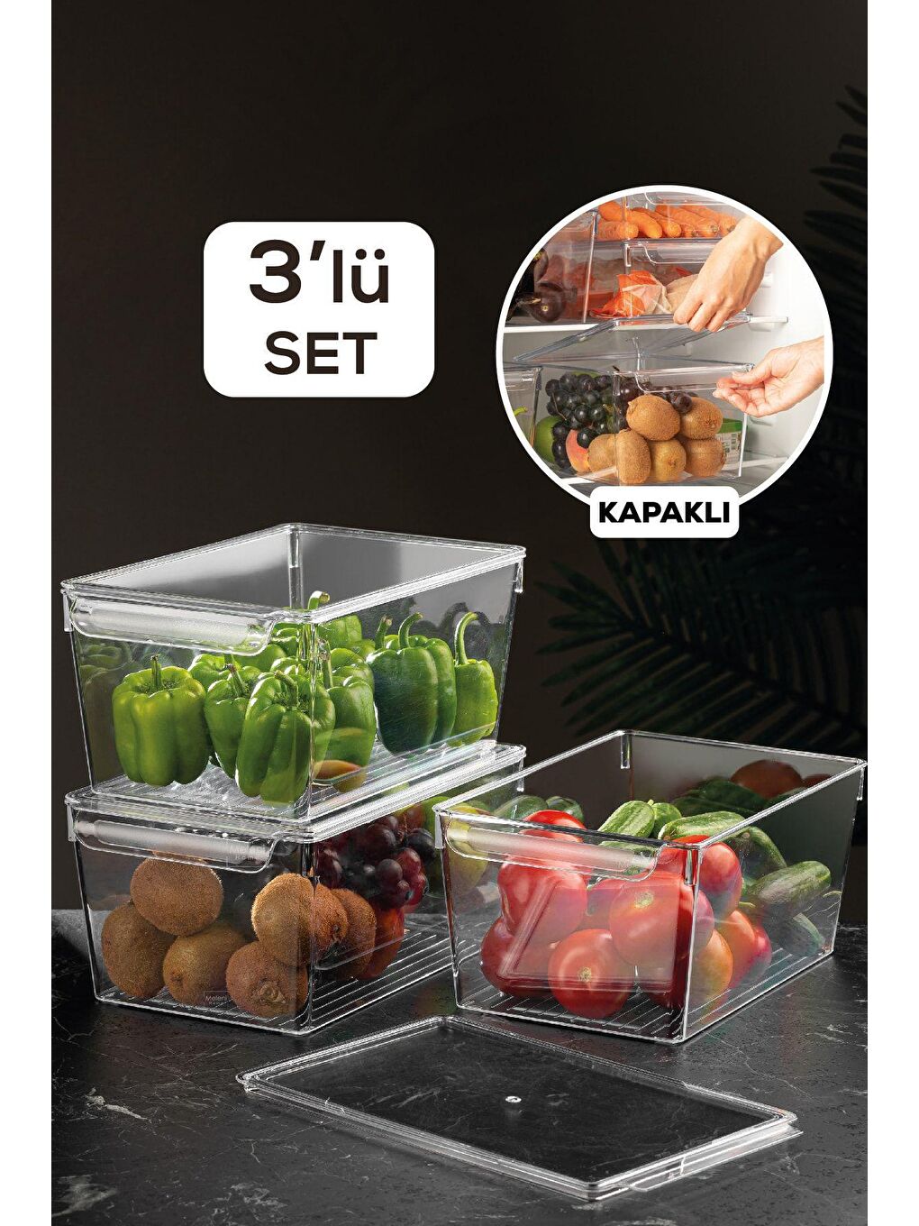 Meleni Home Şeffaf 3'lü Kapaklı Buzdolabı Düzenleyici Buzdolabı Içi Düzenleyici Organizer 14 X 32,5 X 20 Cm