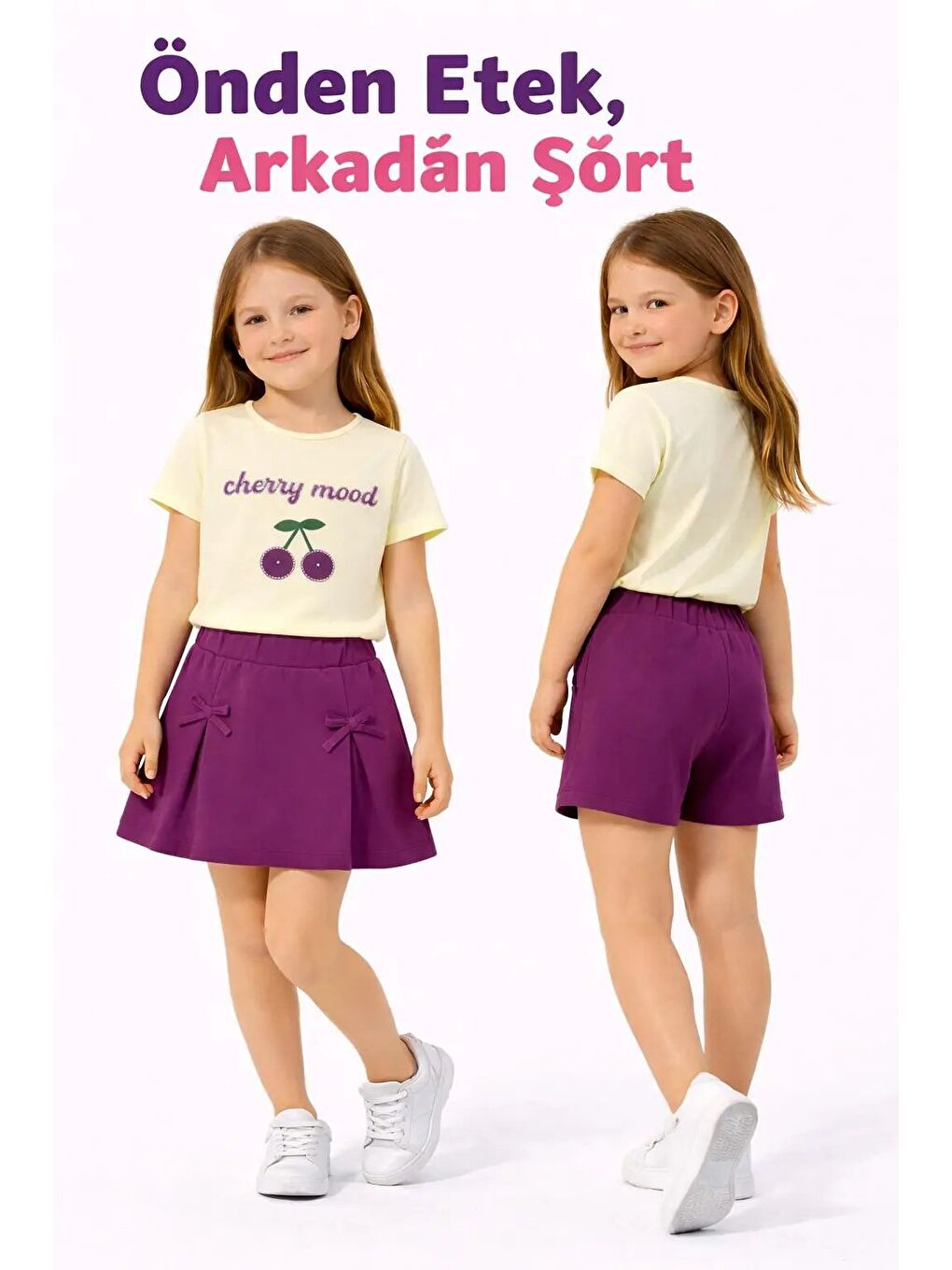 Mor Kiraz Baskılı Taşlı Kız Çocuk Takım 30461-1