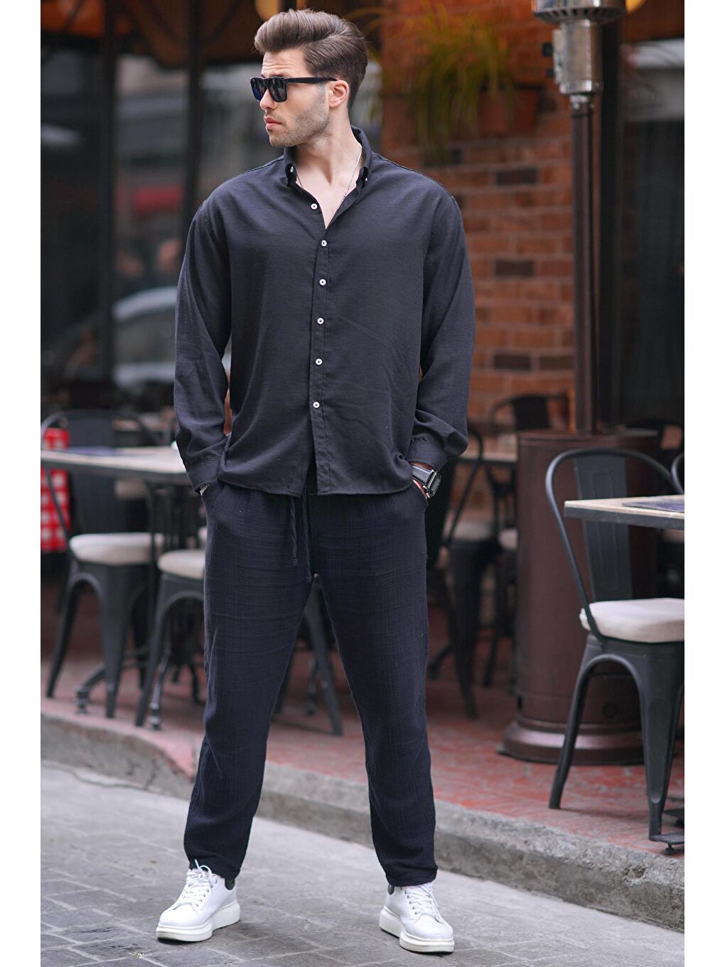 Siyah Uzun Kollu Oversize Erkek %100 Pamuk Gömlek 6735-1