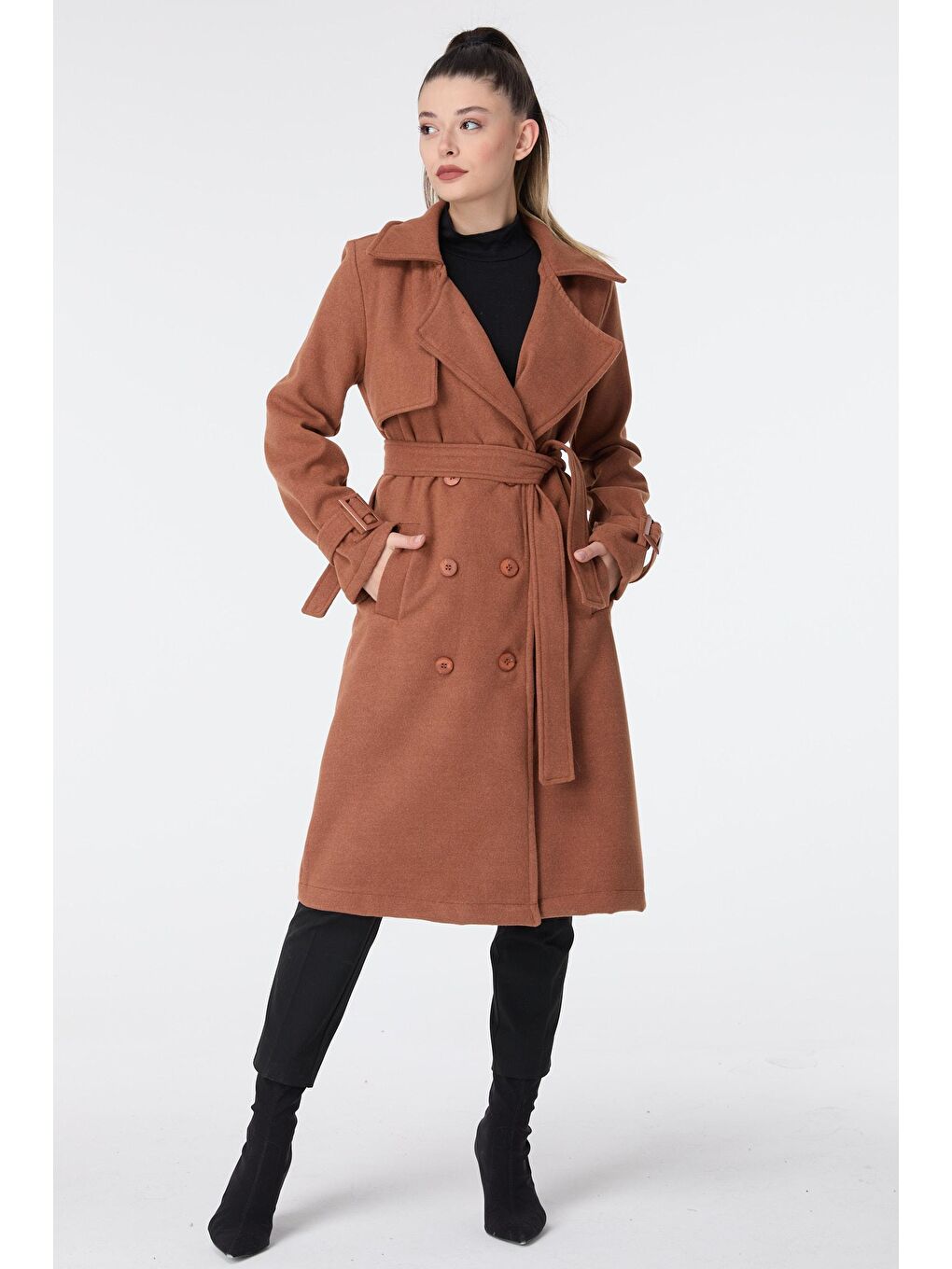 Kahverengi Ceket Yaka Kadın Taba Kaşe Kaban - 23641