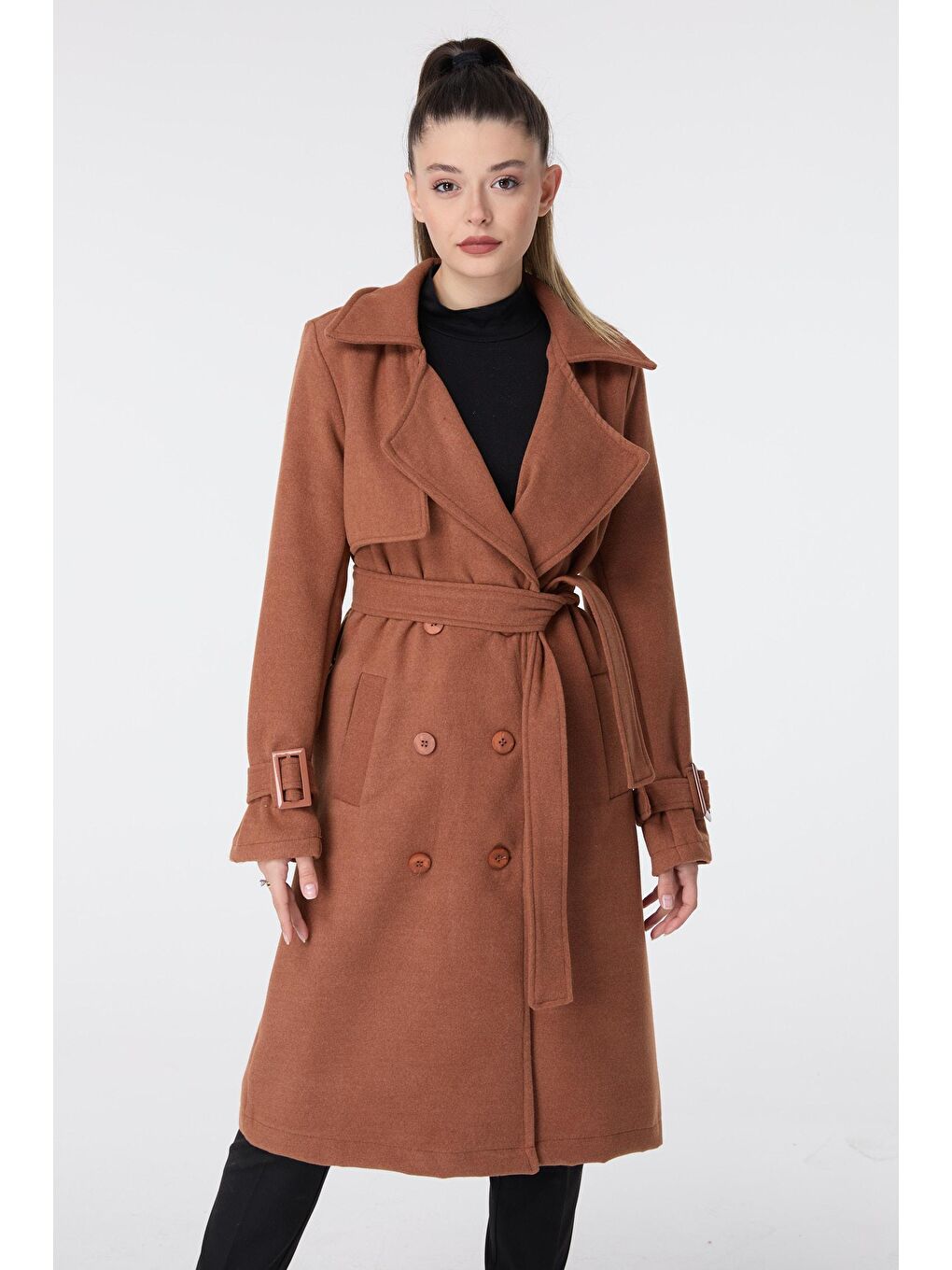 Kahverengi Ceket Yaka Kadın Taba Kaşe Kaban - 23641-1