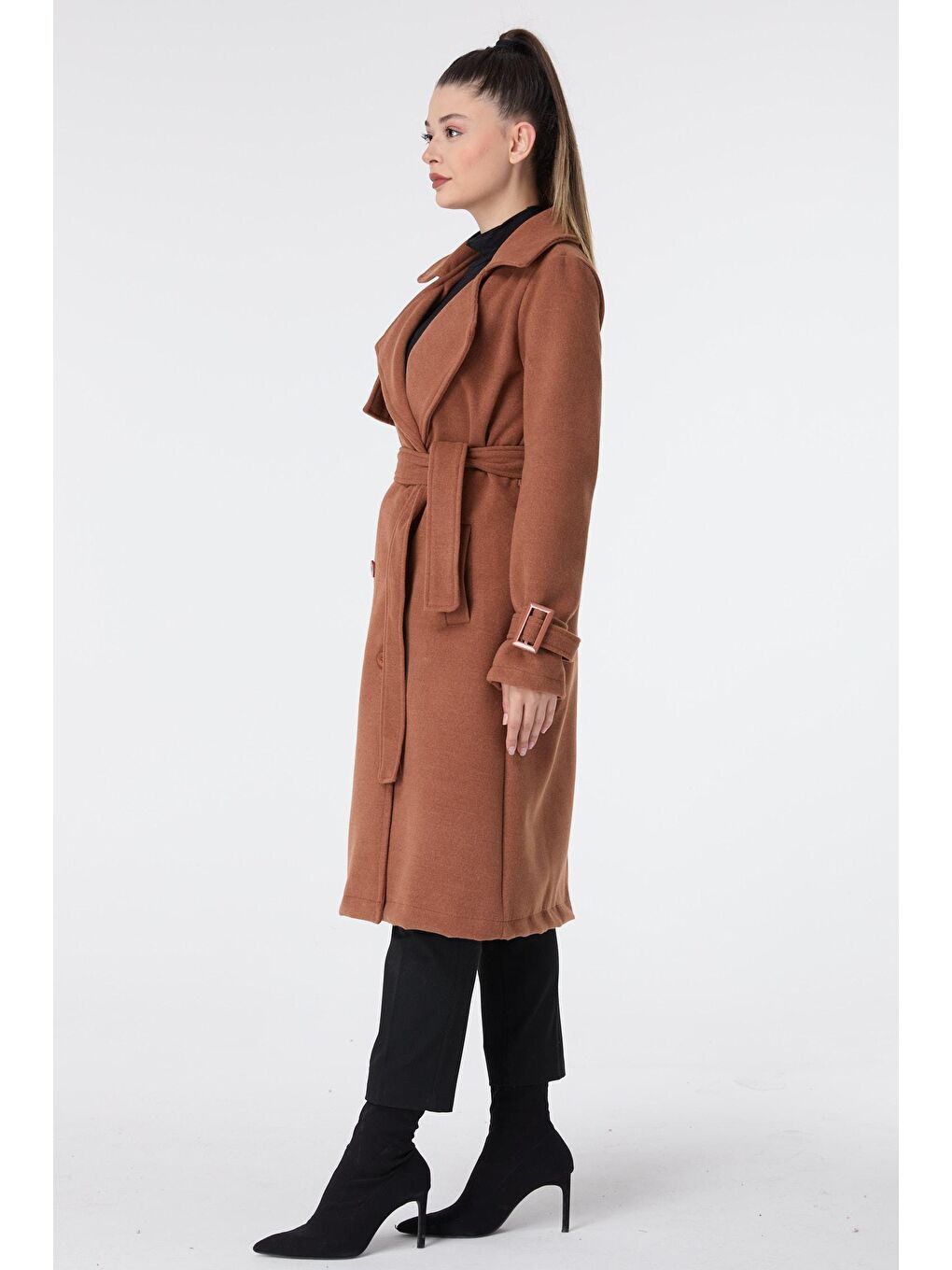 Kahverengi Ceket Yaka Kadın Taba Kaşe Kaban - 23641-2