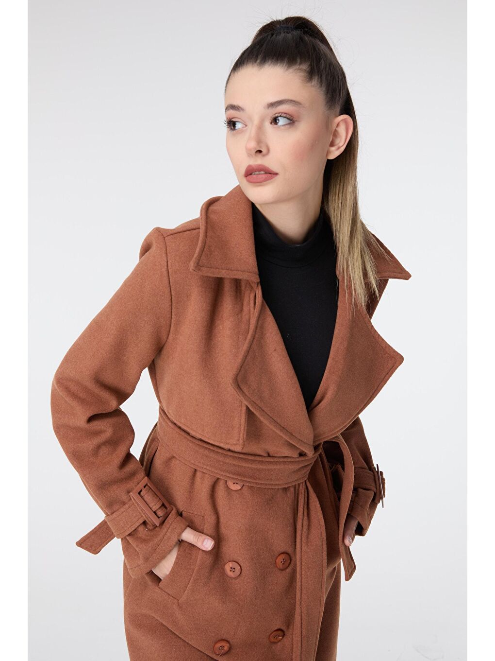Kahverengi Ceket Yaka Kadın Taba Kaşe Kaban - 23641-3
