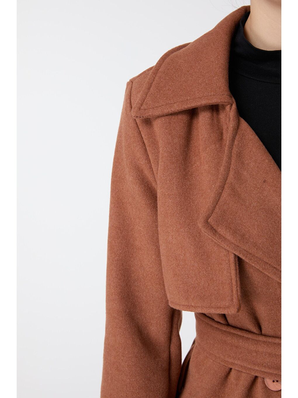 Kahverengi Ceket Yaka Kadın Taba Kaşe Kaban - 23641-4