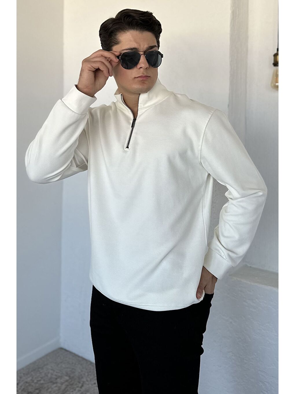 Ekru Fermuarlı Erkek Sweatshirt