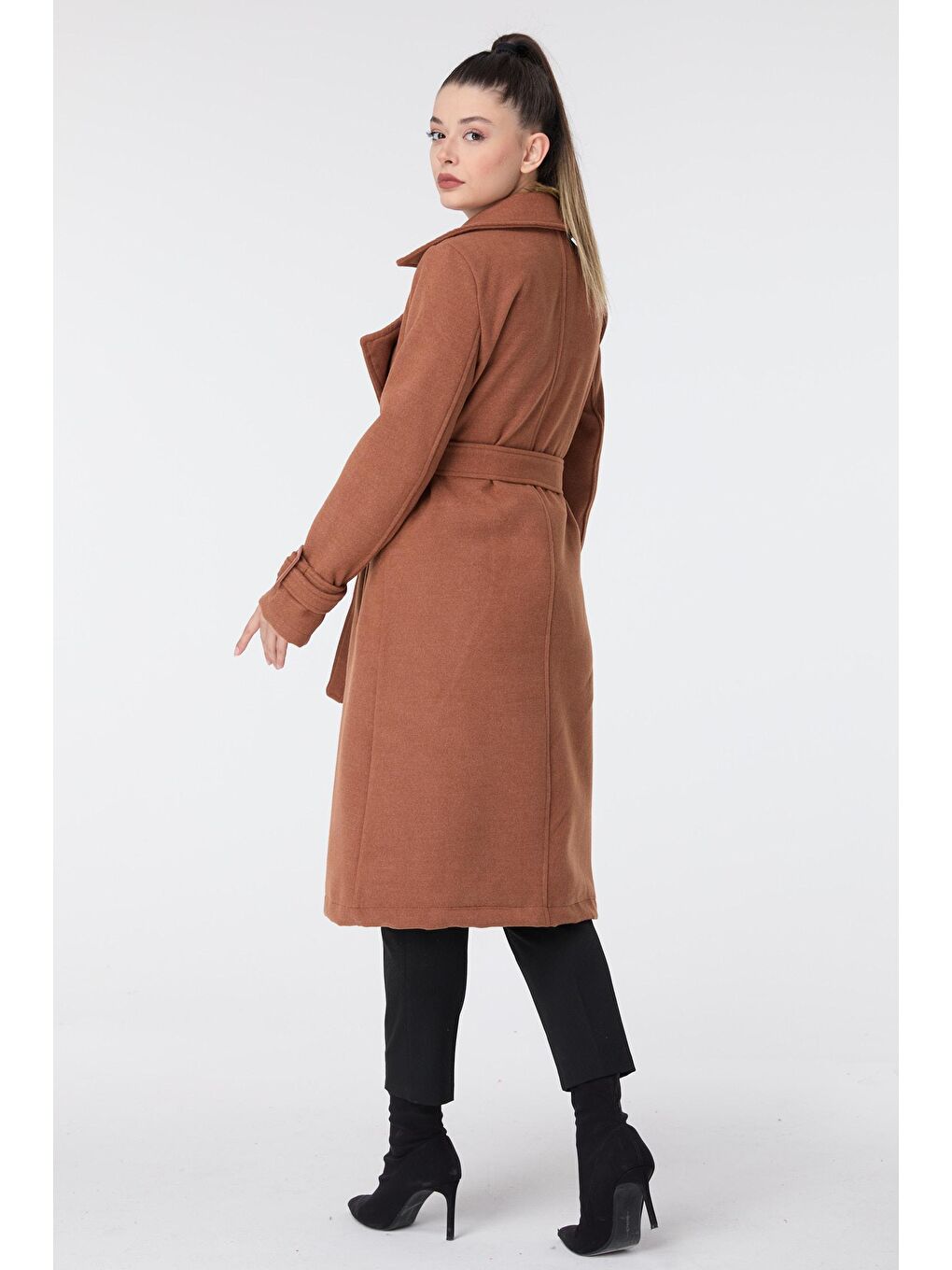 Kahverengi Ceket Yaka Kadın Taba Kaşe Kaban - 23641-5