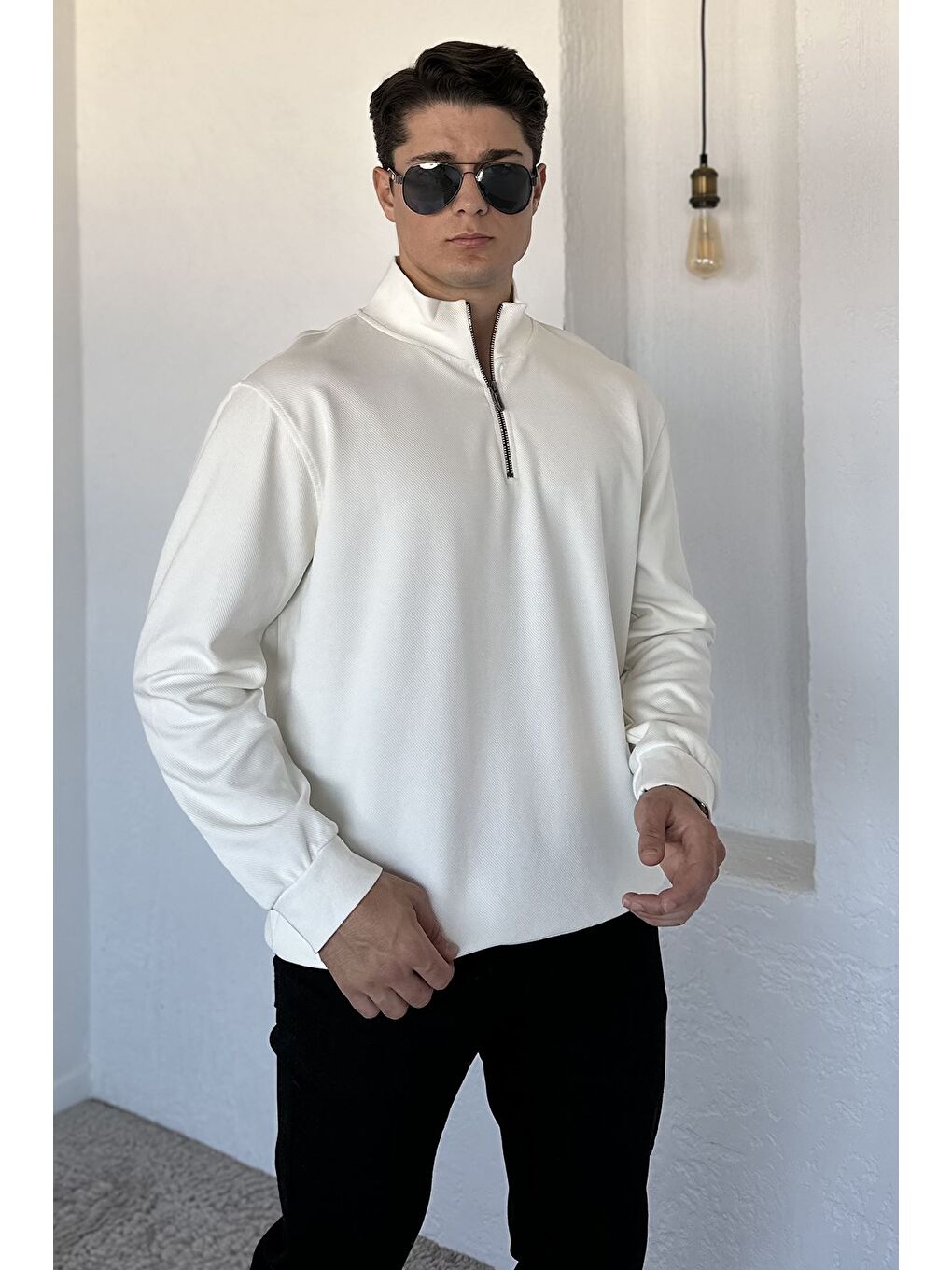 Ekru Fermuarlı Erkek Sweatshirt-1