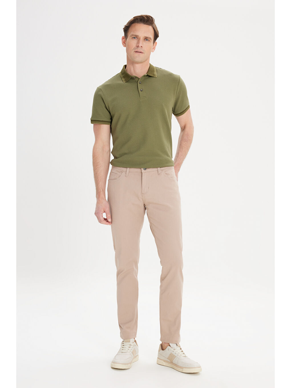 Erkek Bej Slim Fit Dar Kesim 5 Cep Pamuklu Esnek Chino Pantolon-2