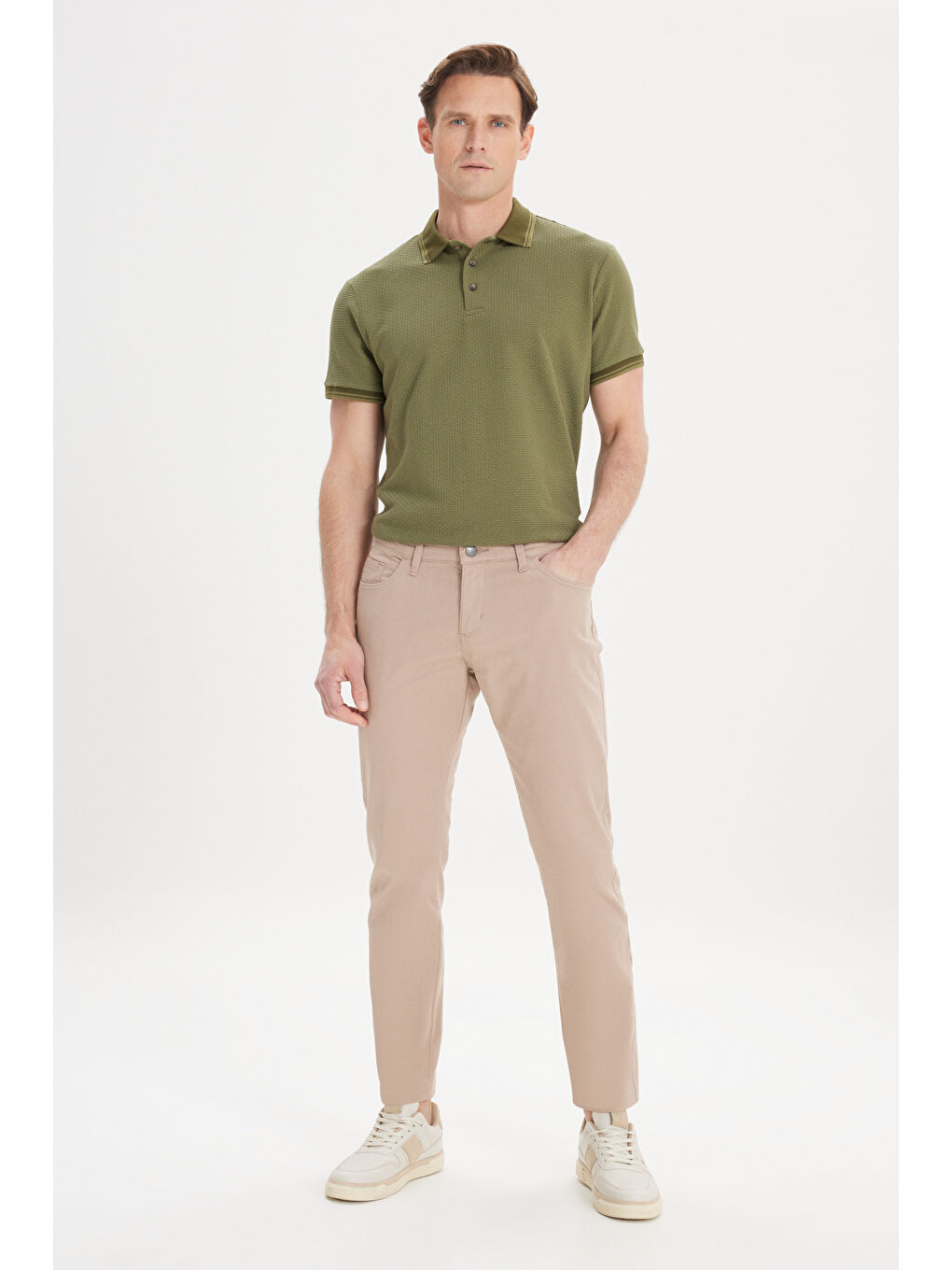Erkek Bej Slim Fit Dar Kesim 5 Cep Pamuklu Esnek Chino Pantolon-3