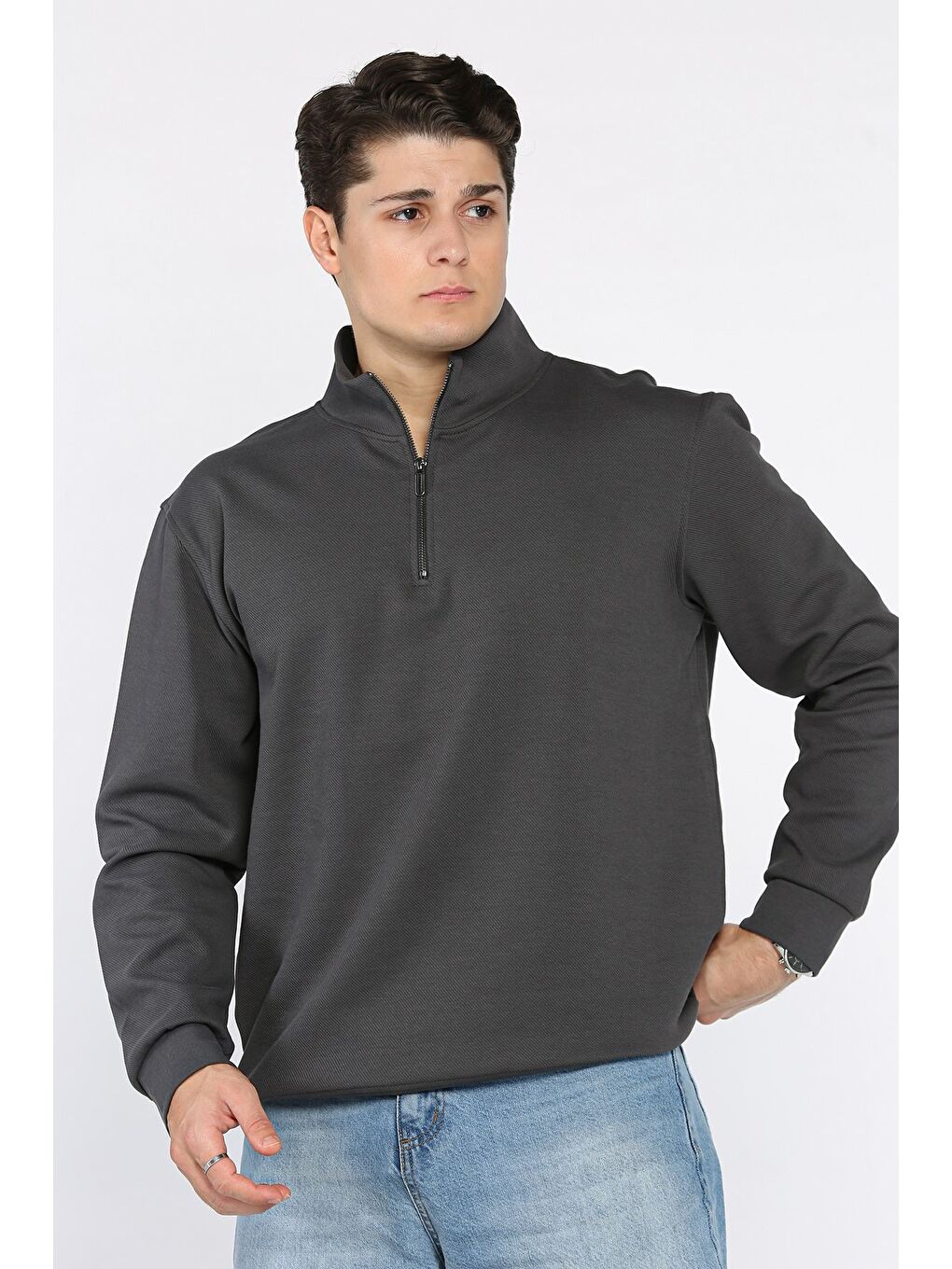 Gri Fermuarlı Erkek Sweatshirt