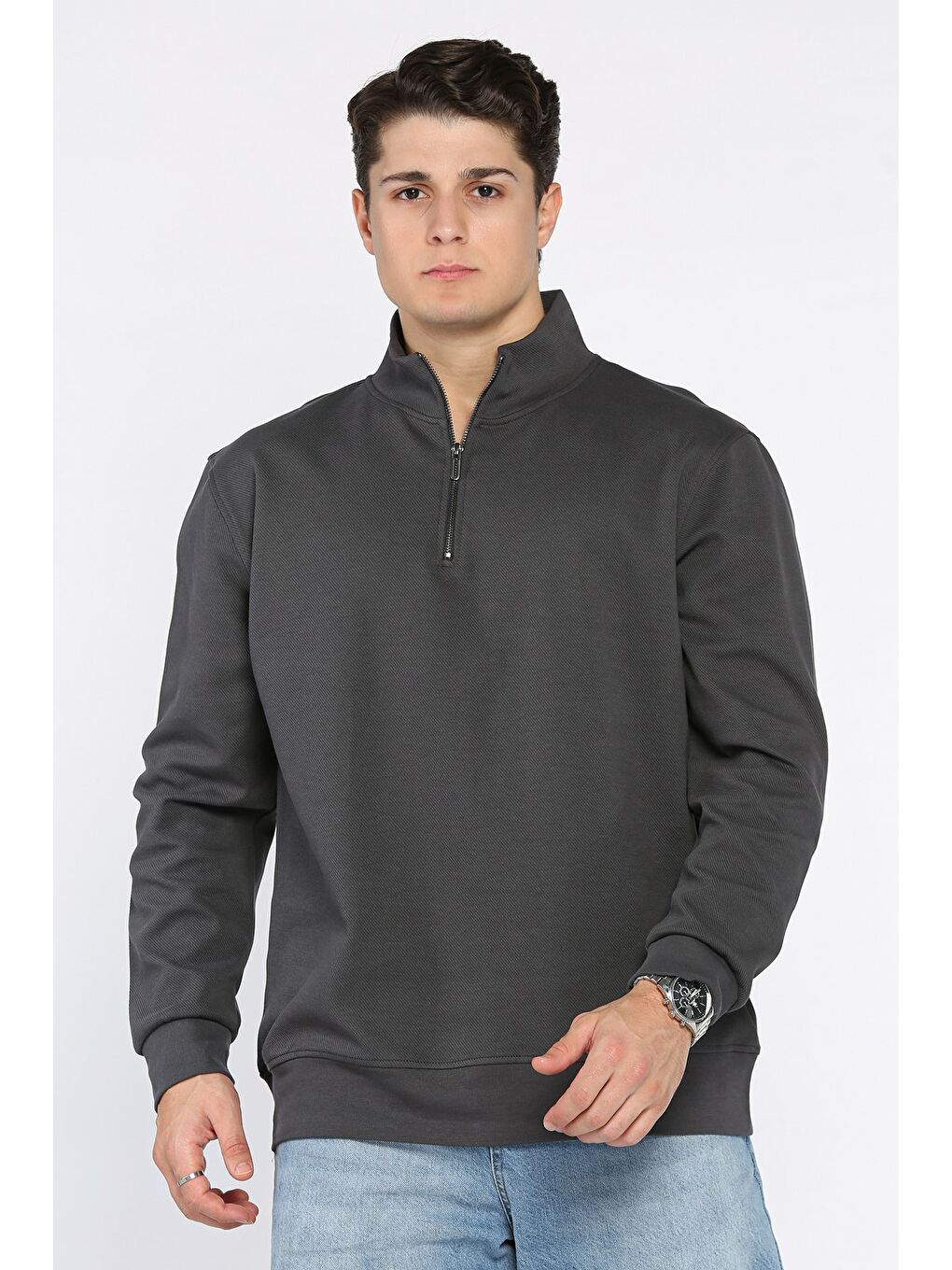 Gri Fermuarlı Erkek Sweatshirt-1
