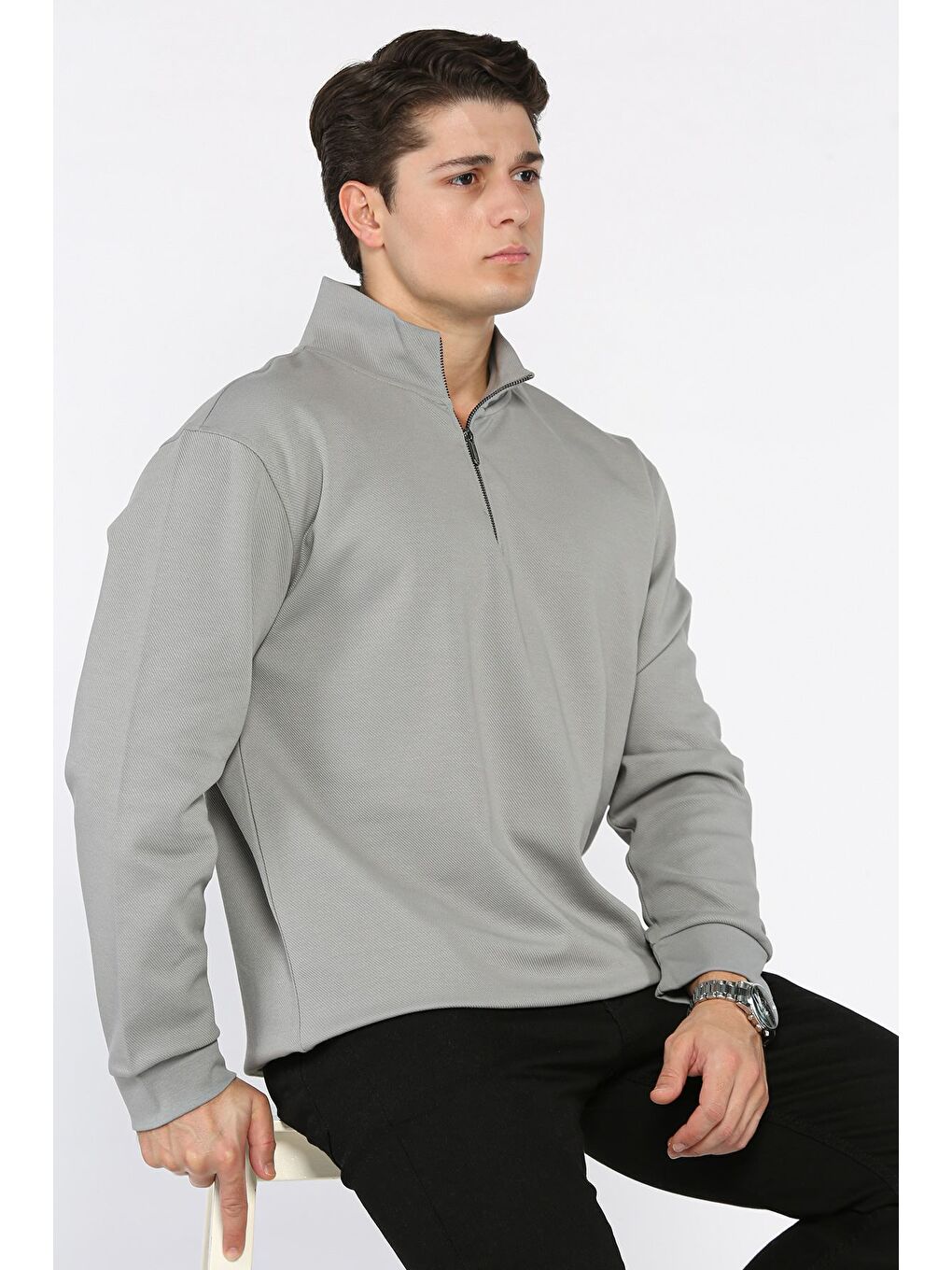 Gri Fermuarlı Erkek Sweatshirt-1
