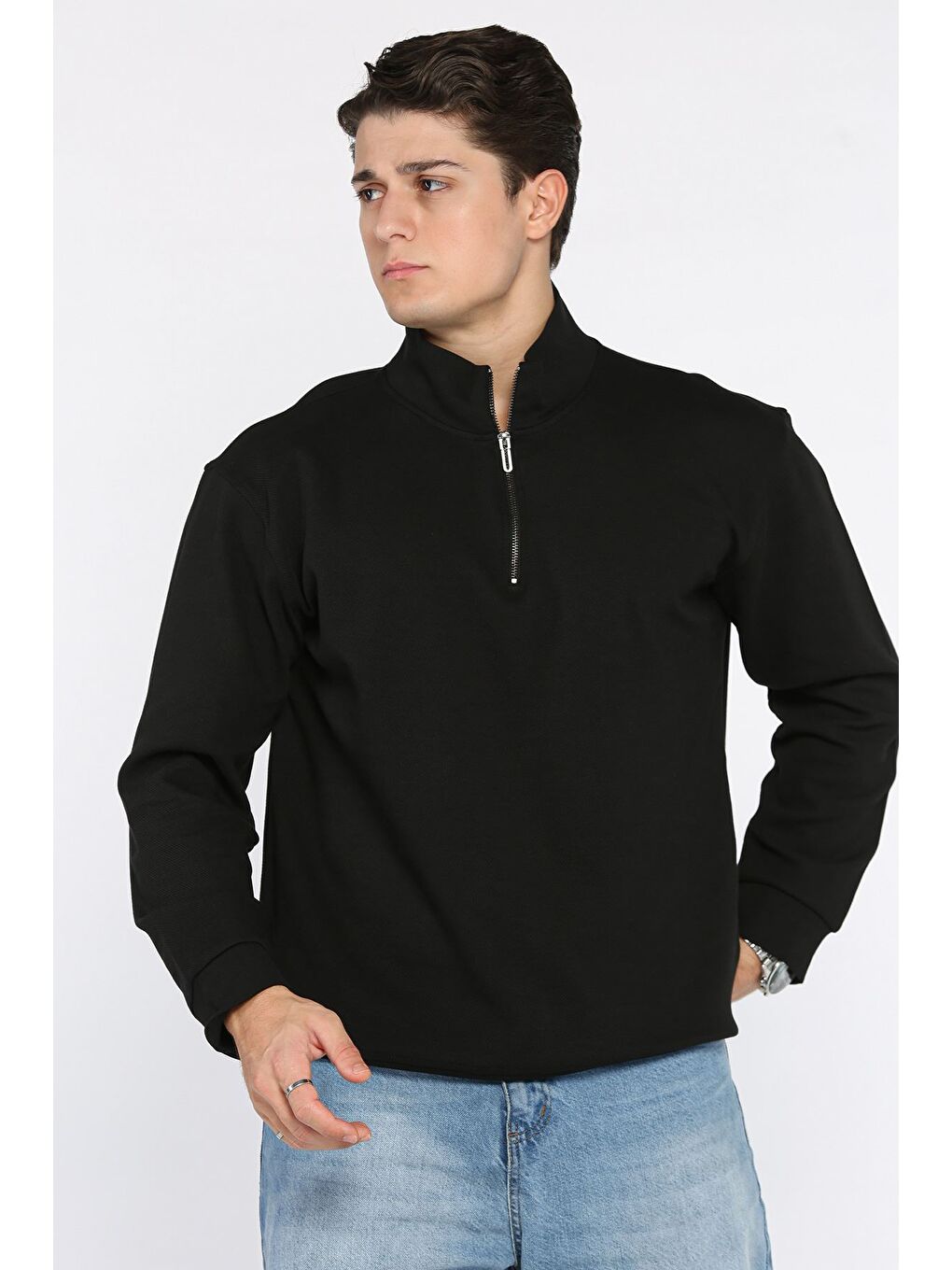 Siyah Fermuarlı Erkek Sweatshirt