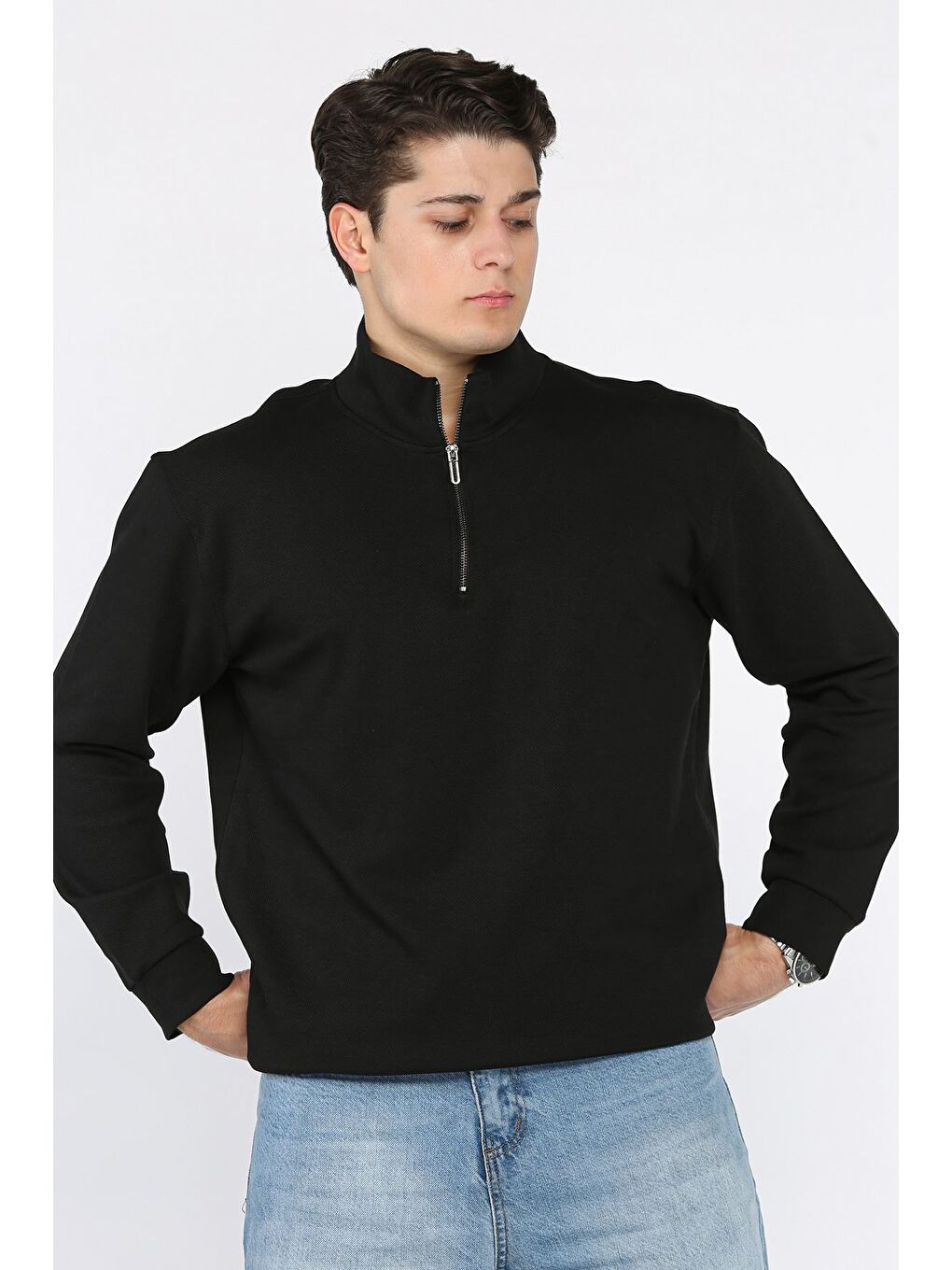 Siyah Fermuarlı Erkek Sweatshirt-1