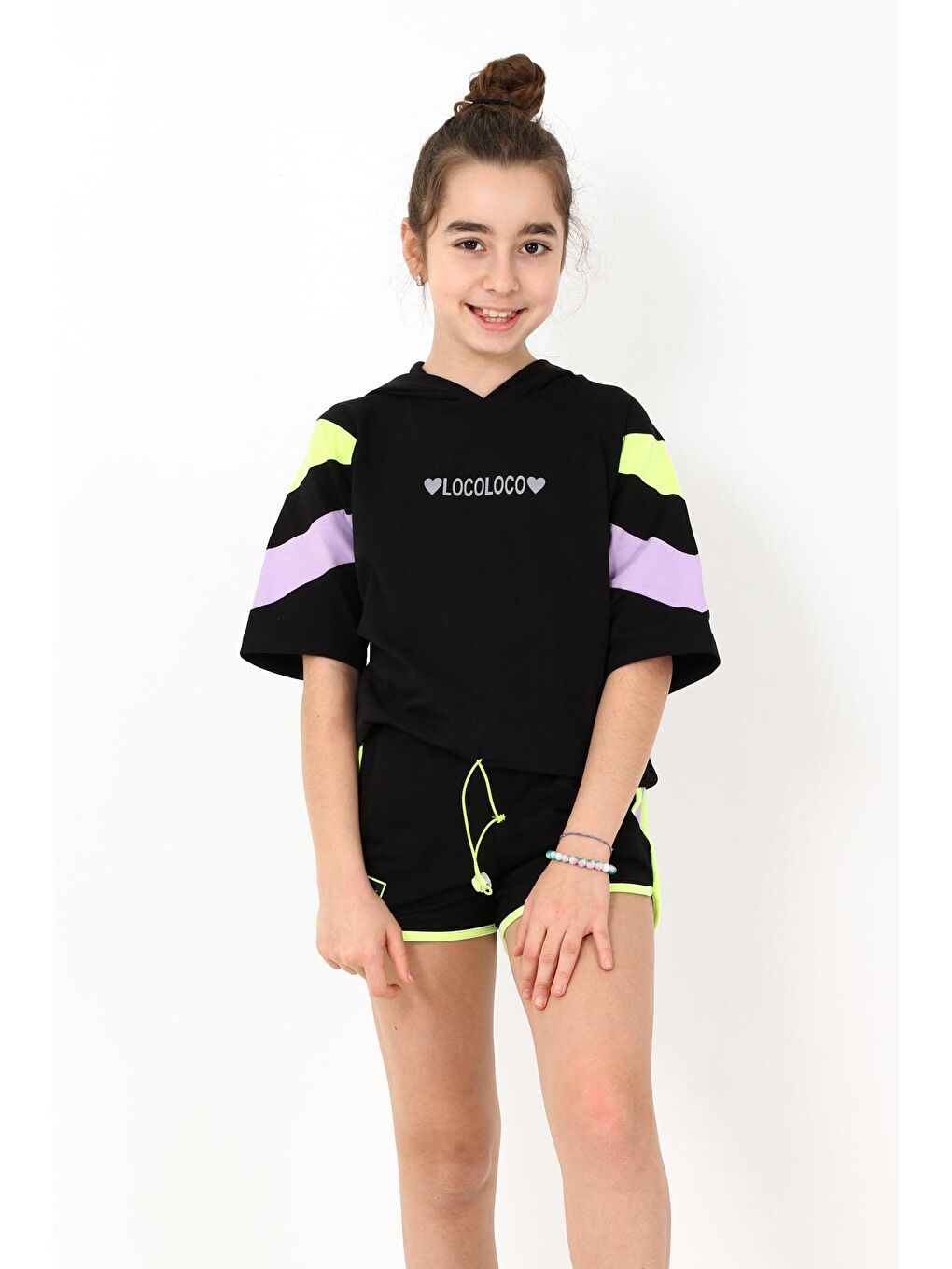 Siyah Kız Çocuk İki Kalpli Şortlu Takım 10-15 Yaş 13857