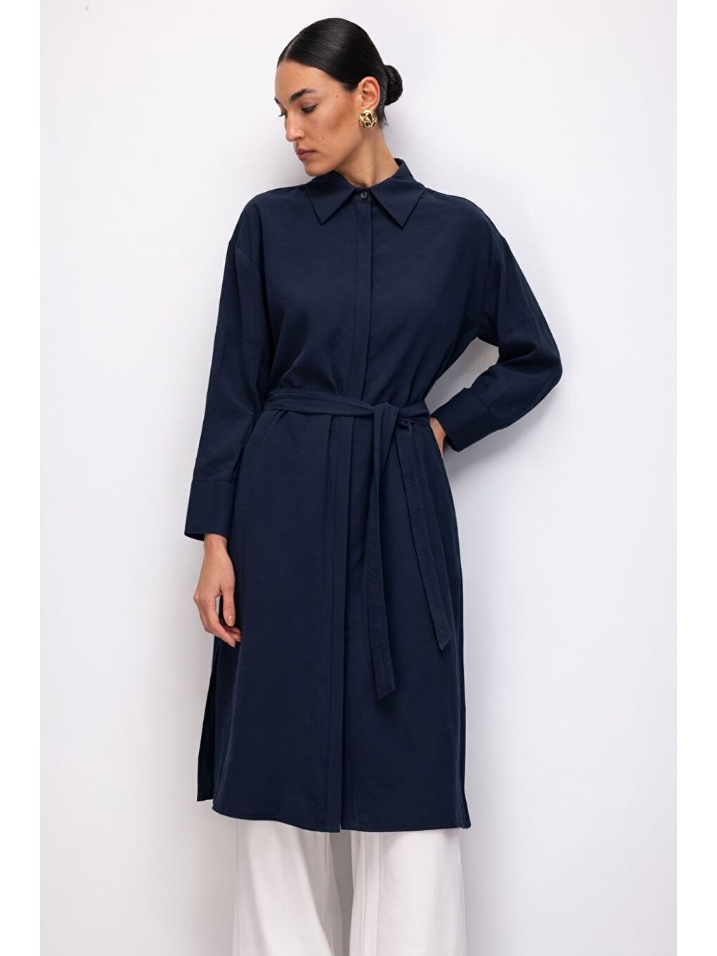 Lyocell Karışımlı Uzun Lacivert Tunik-1