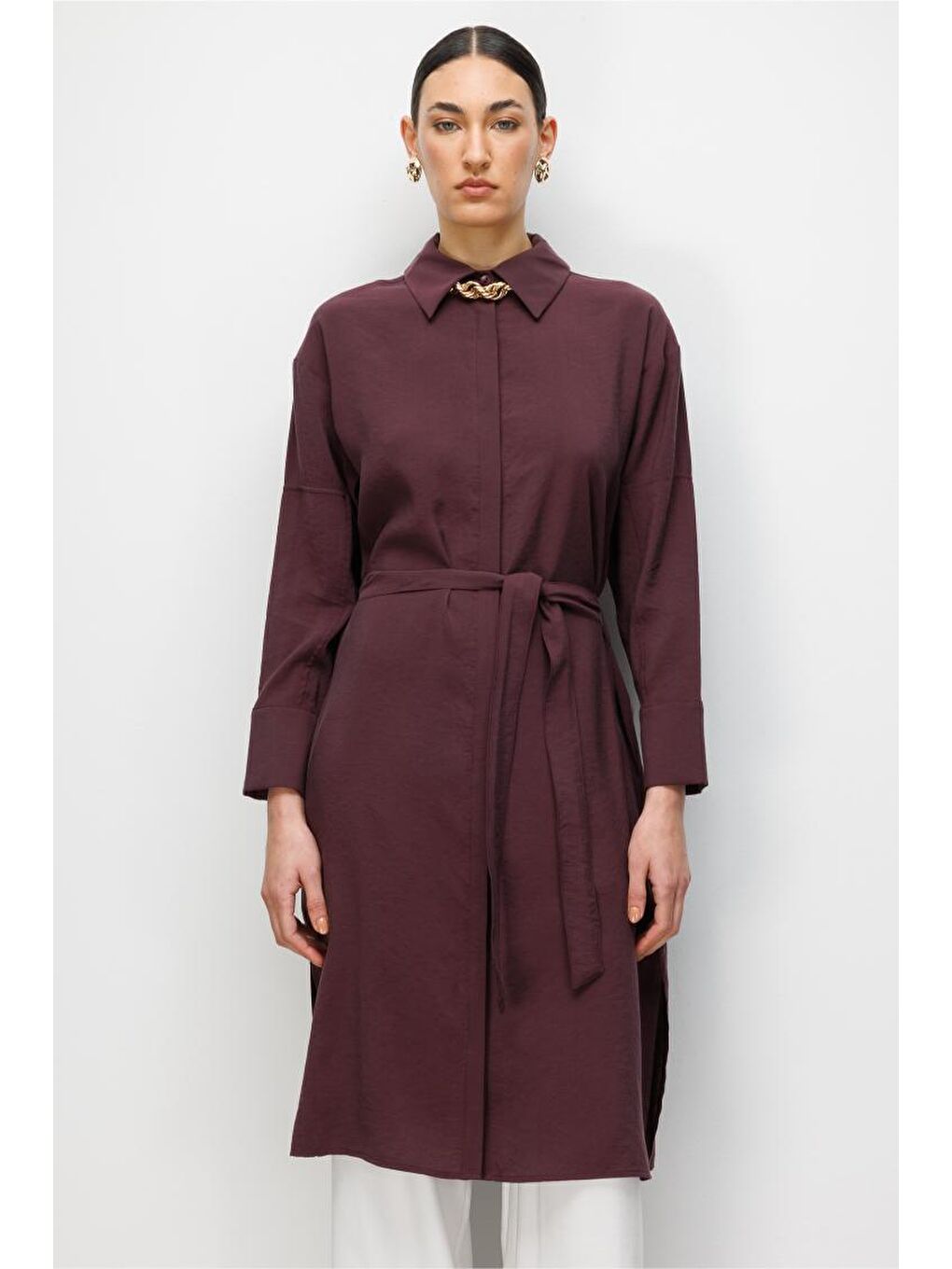 Lyocell Karışımlı Uzun Mürdüm Rengi Tunik