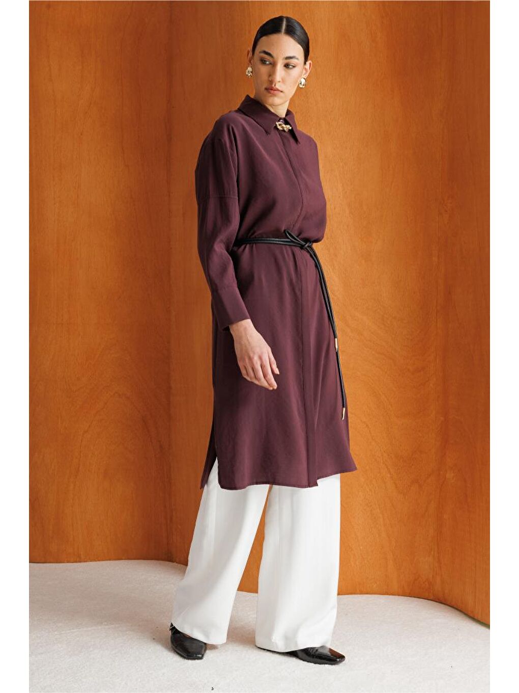 Lyocell Karışımlı Uzun Mürdüm Rengi Tunik-1