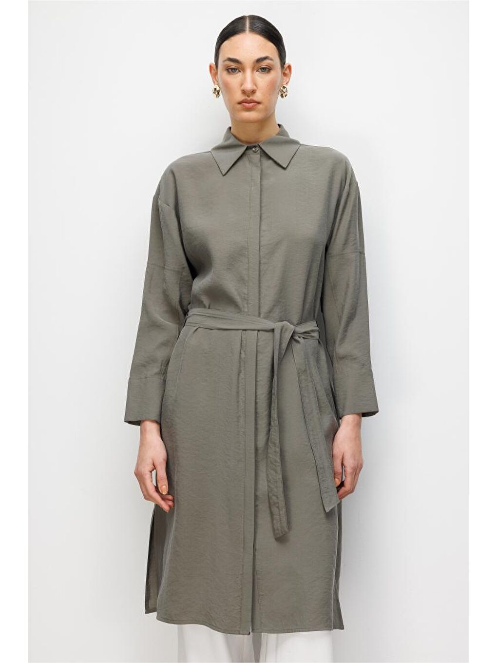 Hakı Lyocell Karışımlı Uzun Haki Tunik