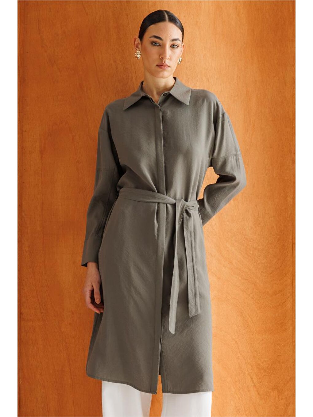 Hakı Lyocell Karışımlı Uzun Haki Tunik-1