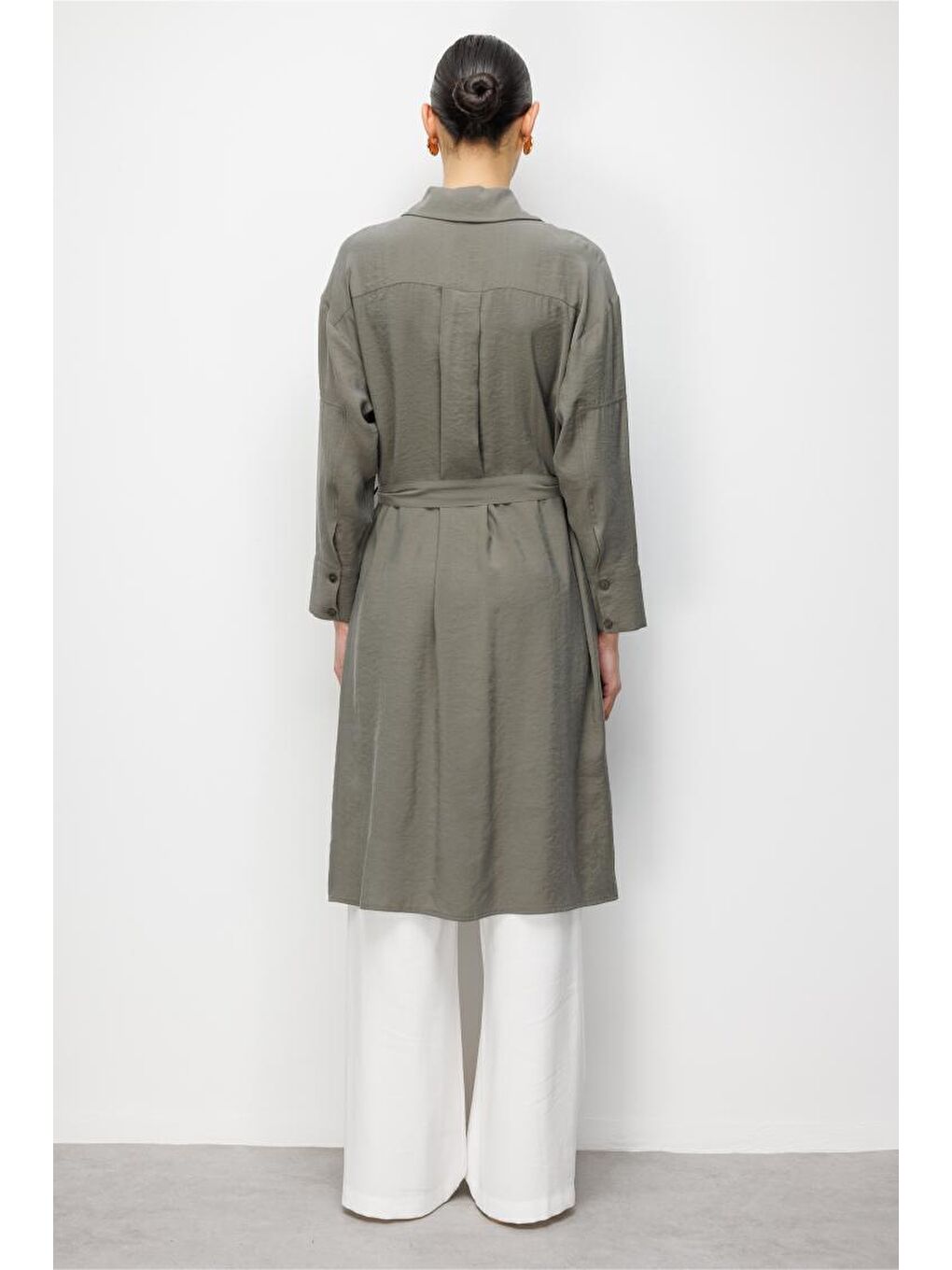 Hakı Lyocell Karışımlı Uzun Haki Tunik-2