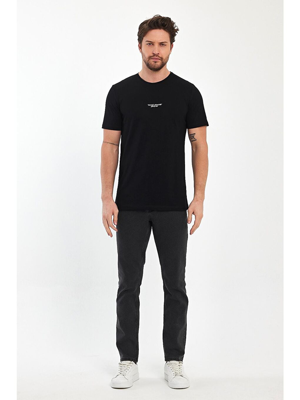 Siyah Erkek Önü Baskılı Bisiklet Yaka Tişört-1