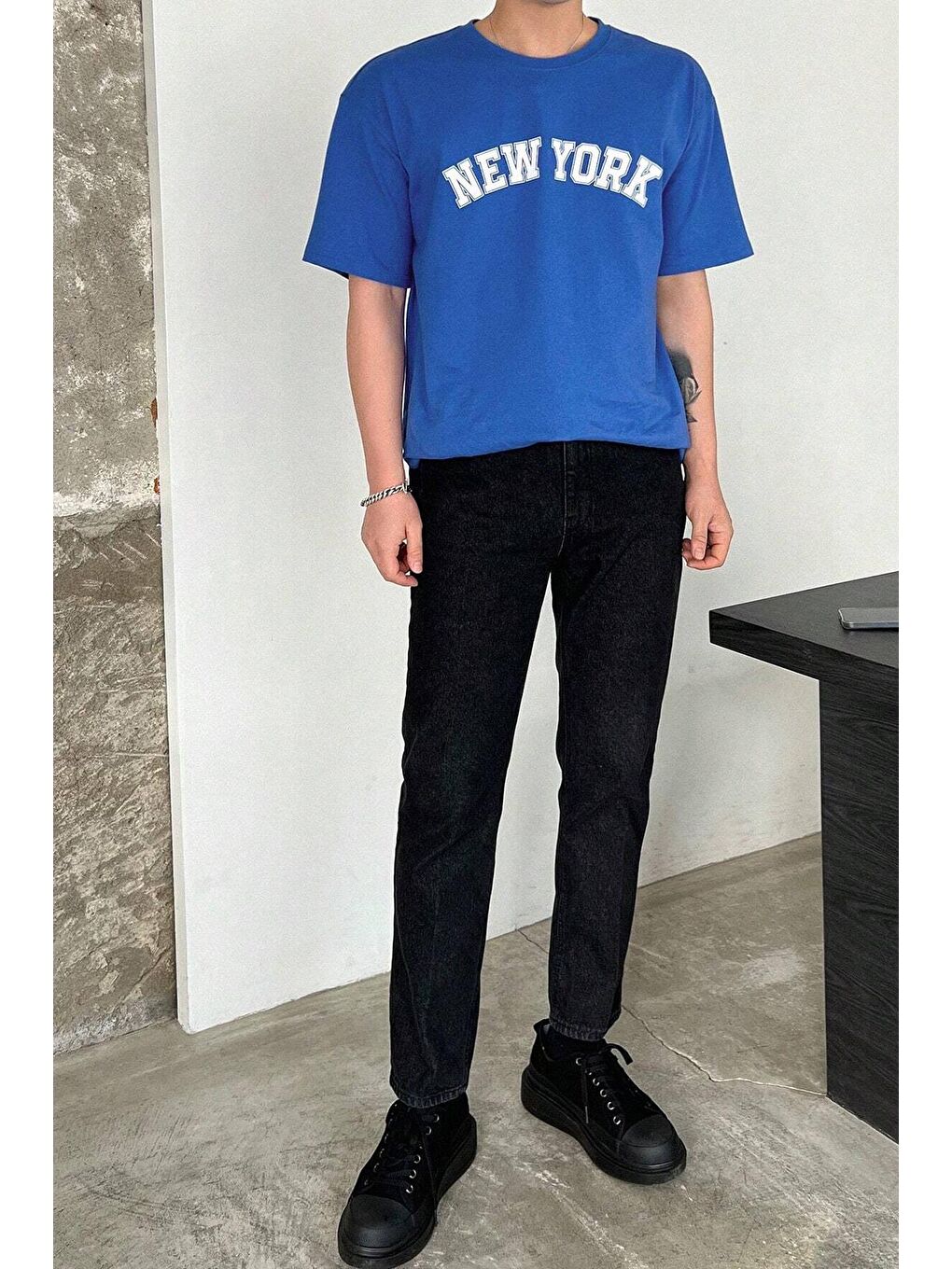 uyguntarz Mavi Erkek New York Baskılı Oversize Tshirt - 1